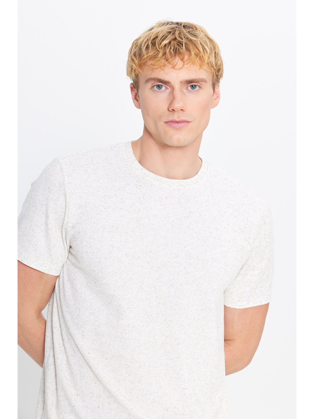 Erkek Bej Slim Fit Dar Kesim Bisiklet Yaka Jakarlı Tişört-3