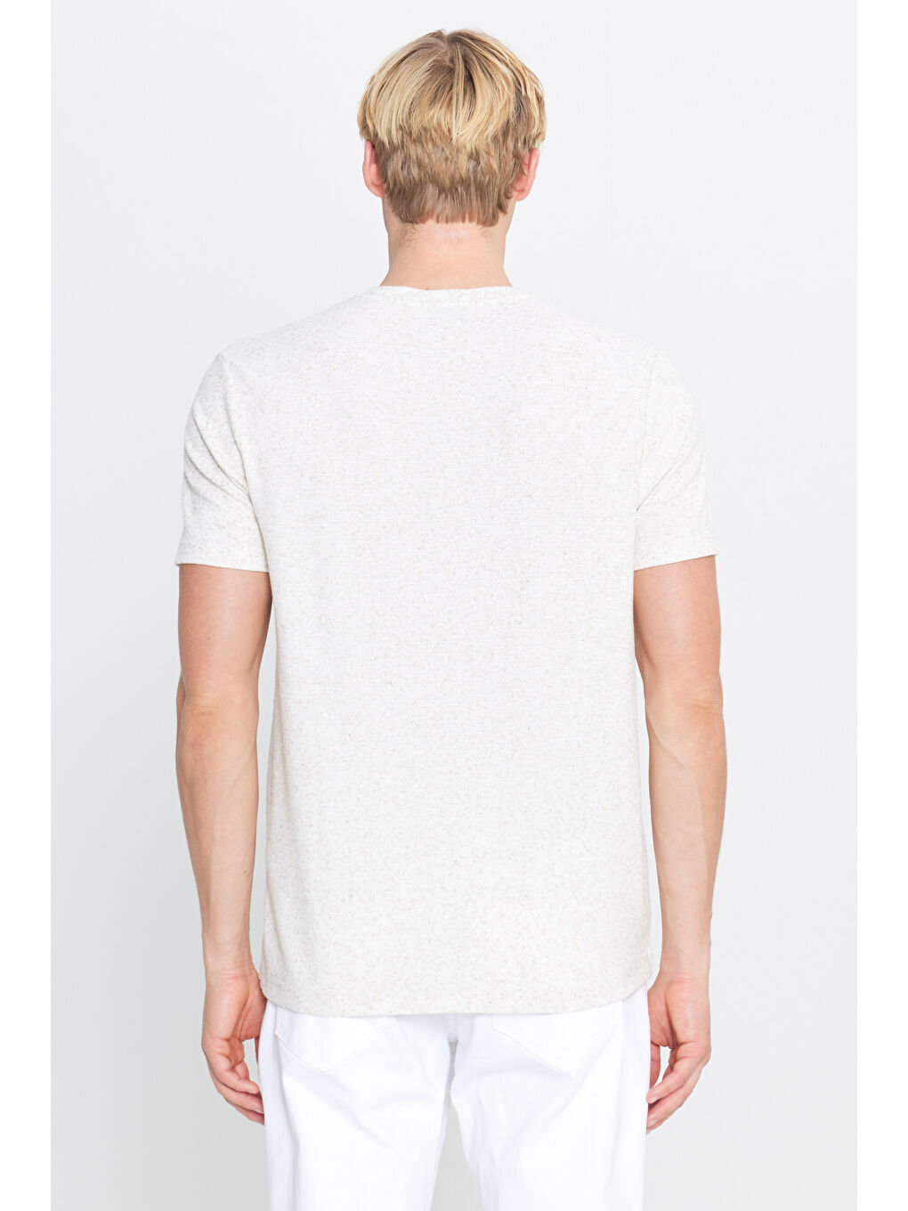 Erkek Bej Slim Fit Dar Kesim Bisiklet Yaka Jakarlı Tişört-4