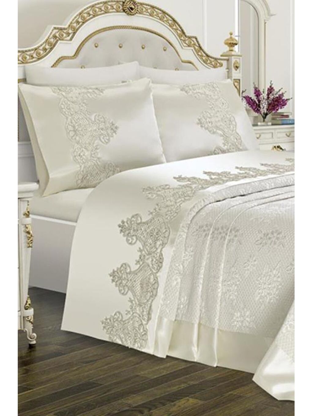 Karışık Çeyizlik Pike Seti Dubai Sade 3 Parça Krem-1