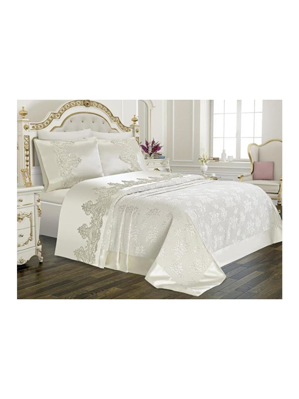 Karışık Çeyizlik Pike Seti Dubai Sade 3 Parça Krem-2