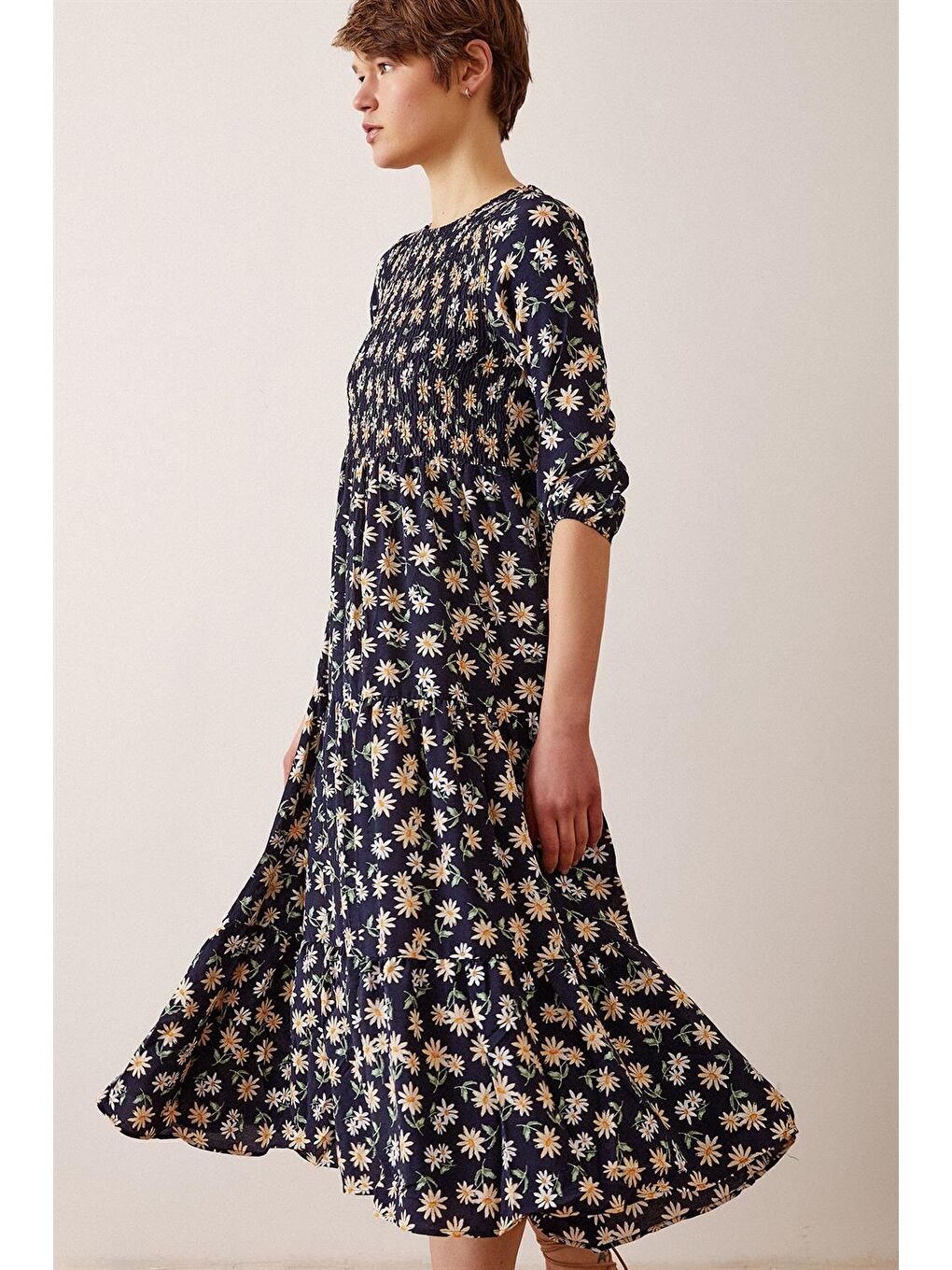 Lacivert Önü Gipeli Çiçek Desen Elbise-2