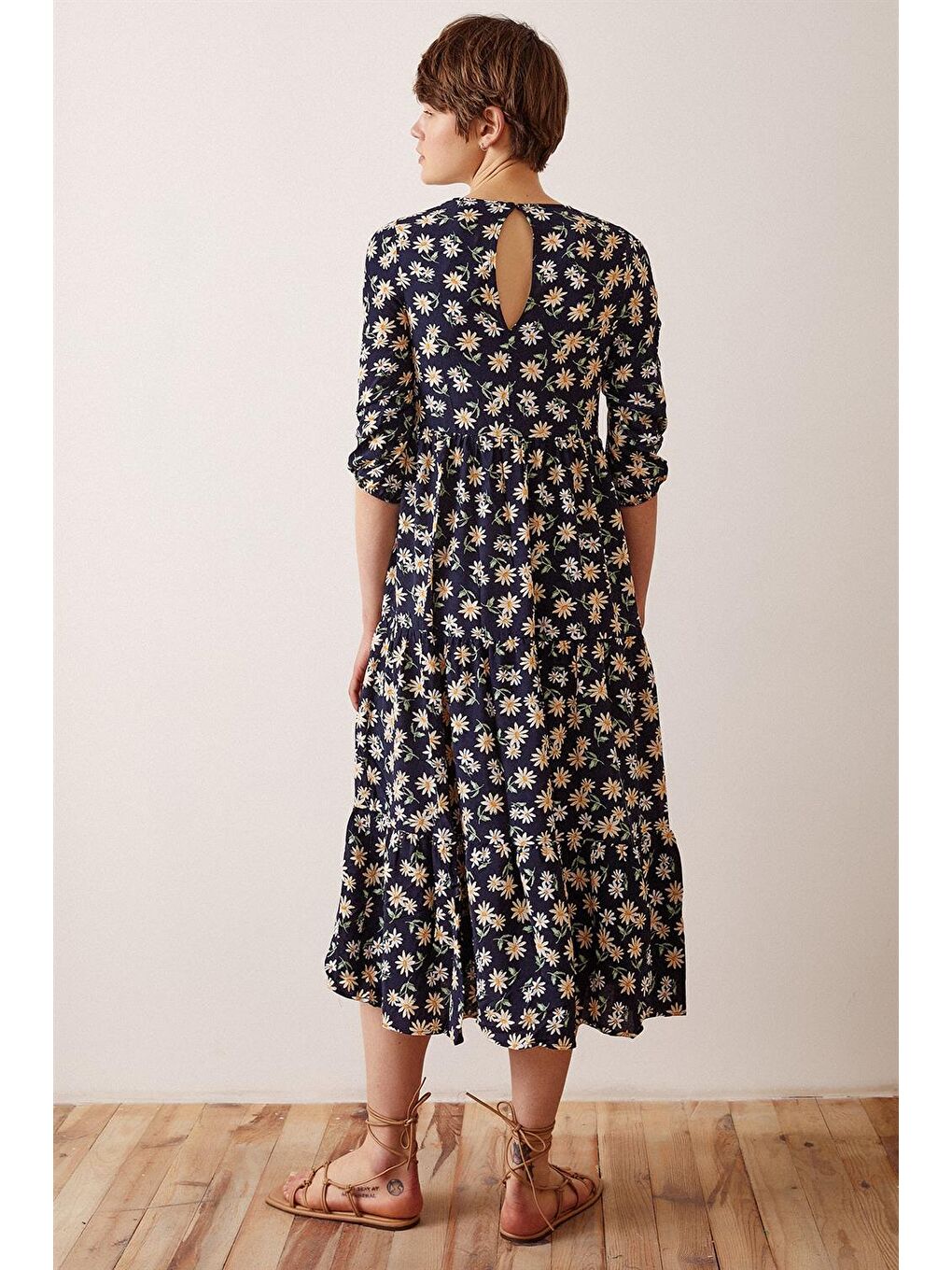 Lacivert Önü Gipeli Çiçek Desen Elbise-3