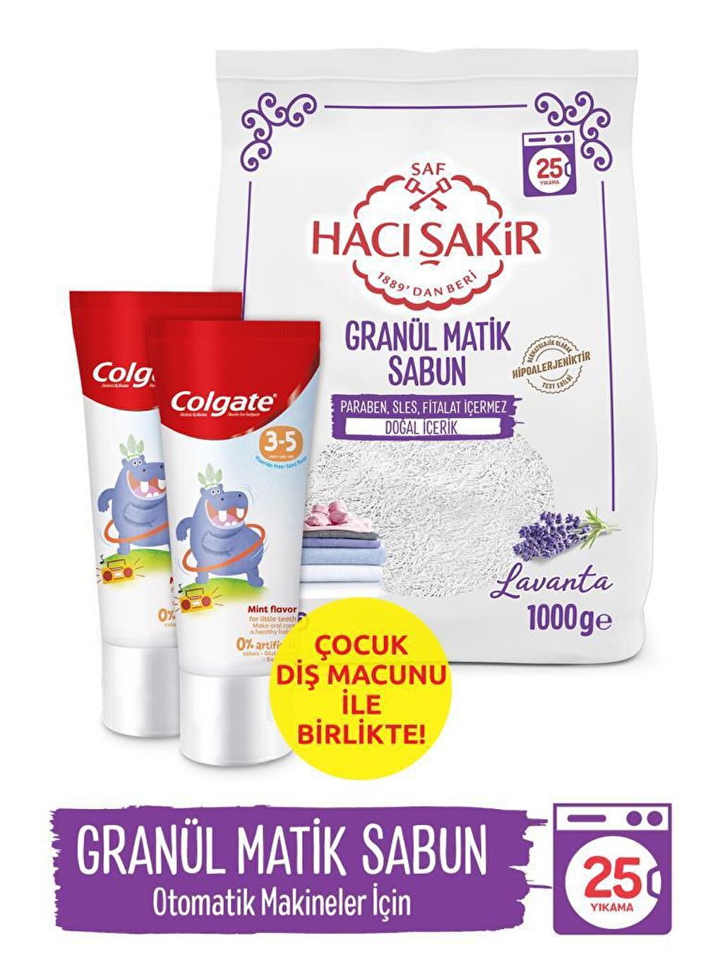 Colgate Beyaz 3-5 Yaş Florürsüz Çocuk Diş Macunu 60 ml, Hacı Şakir Lavanta Granül Matik Sabun 1000 G