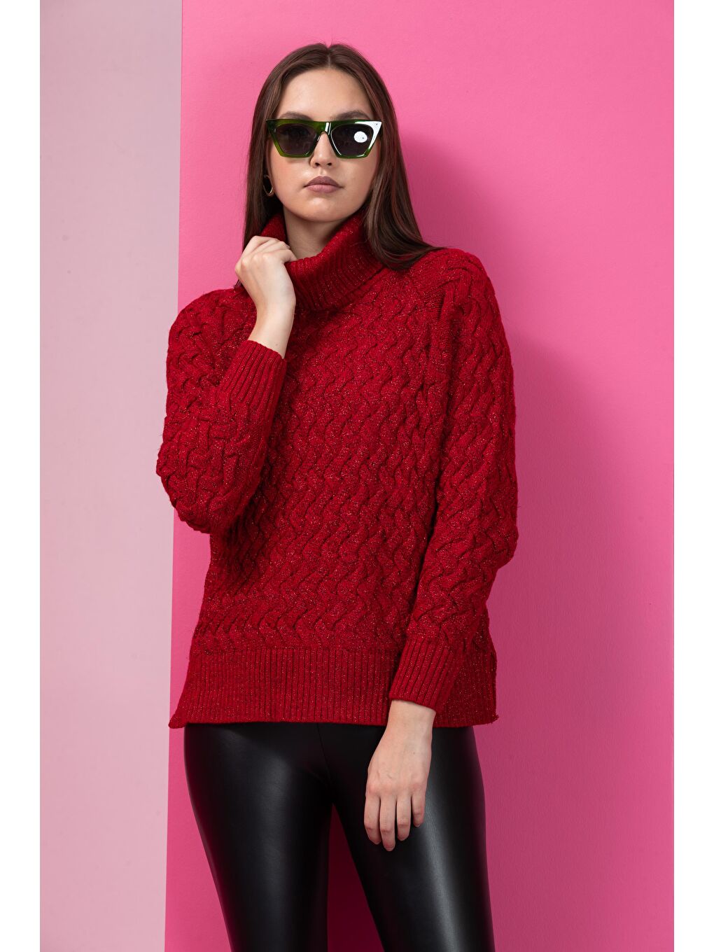 Kırmızı Kadın Sim Garnili Hasır Örgü Triko Kazak