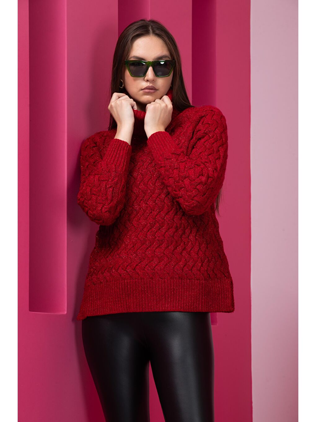 Kırmızı Kadın Sim Garnili Hasır Örgü Triko Kazak-1