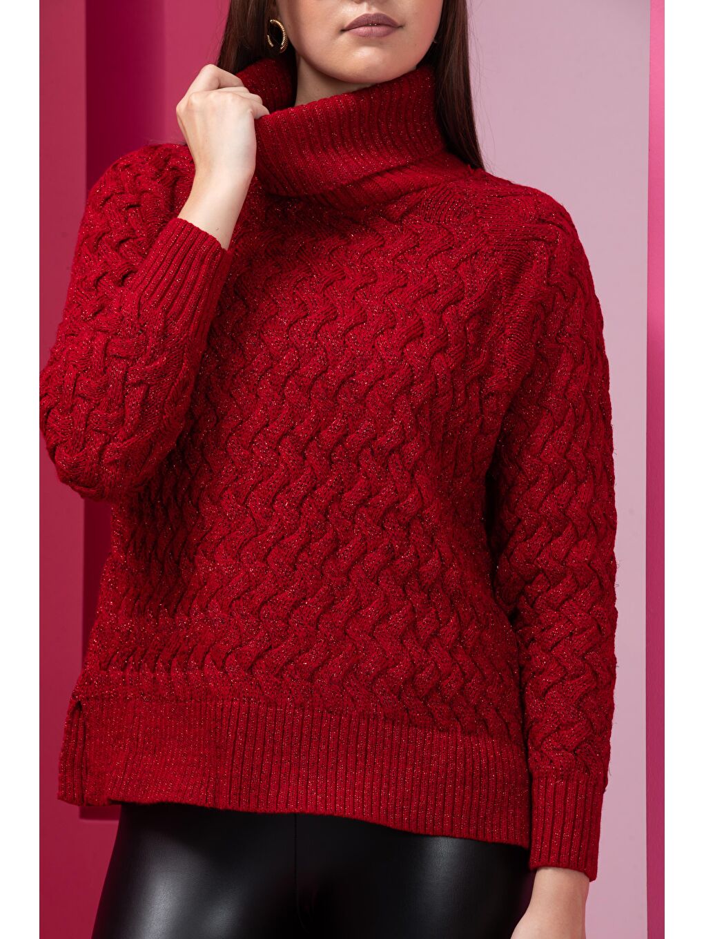Kırmızı Kadın Sim Garnili Hasır Örgü Triko Kazak-2