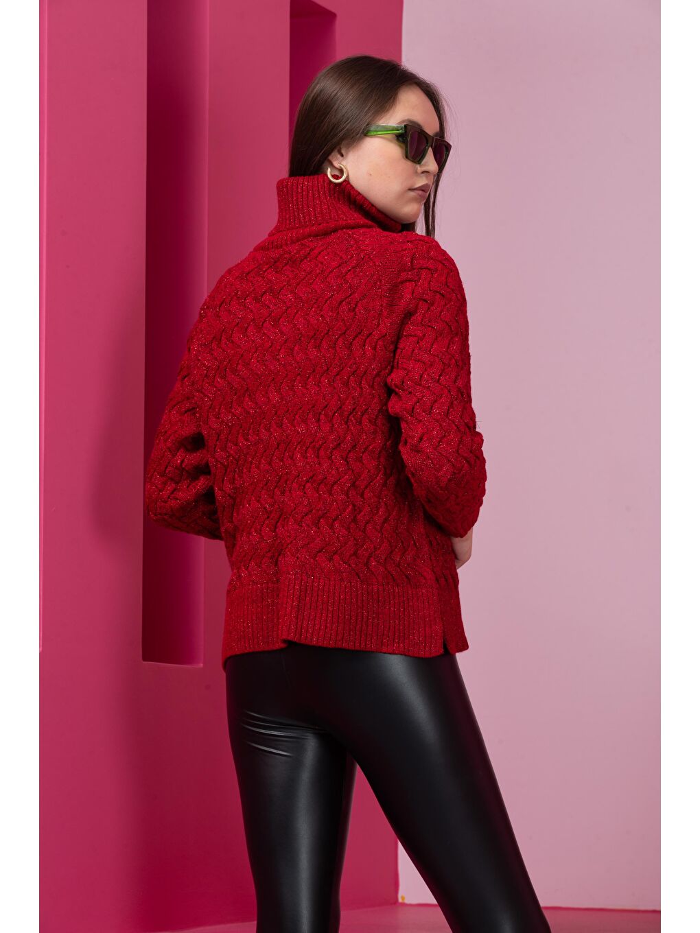 Kırmızı Kadın Sim Garnili Hasır Örgü Triko Kazak-3