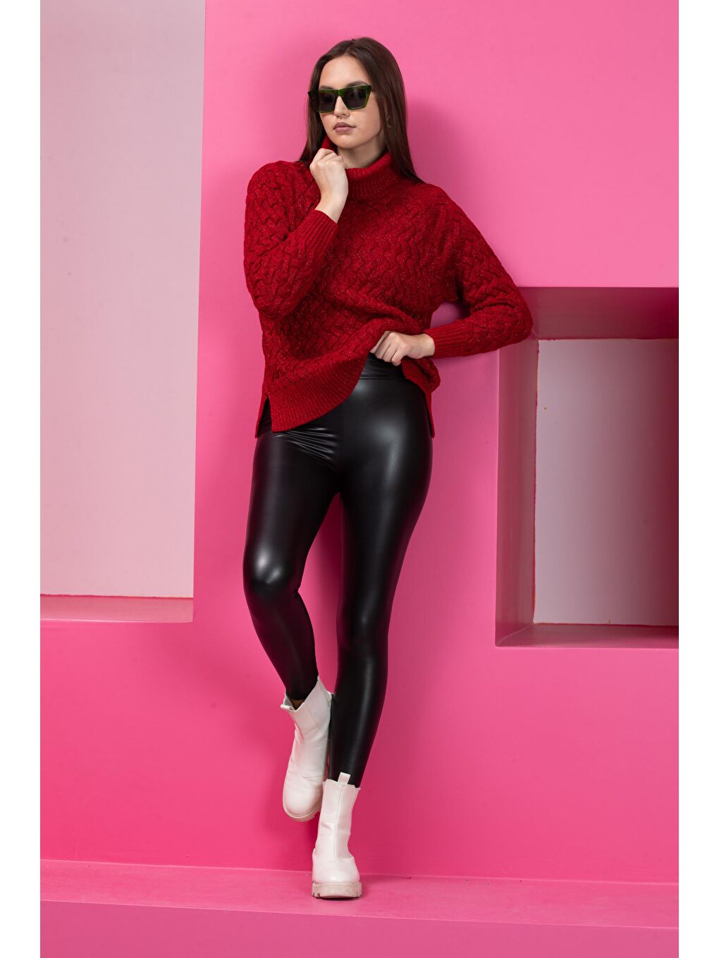 Kırmızı Kadın Sim Garnili Hasır Örgü Triko Kazak-4