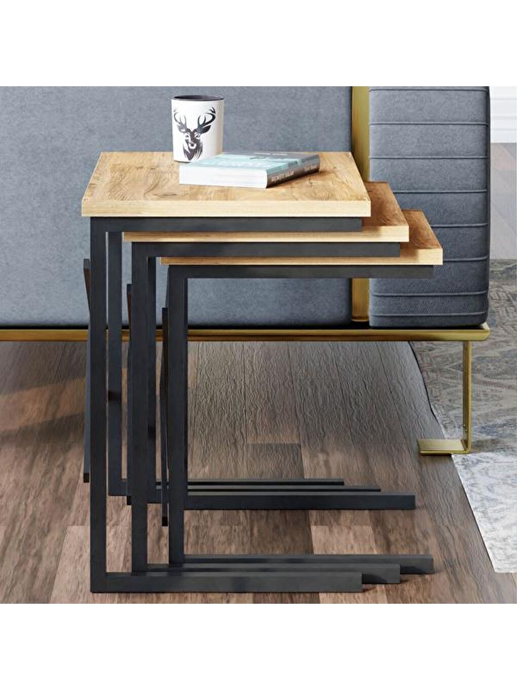 Kahverengi Metal Ayaklı X Eco Zigon Sehpa - Atlantik Çam-1