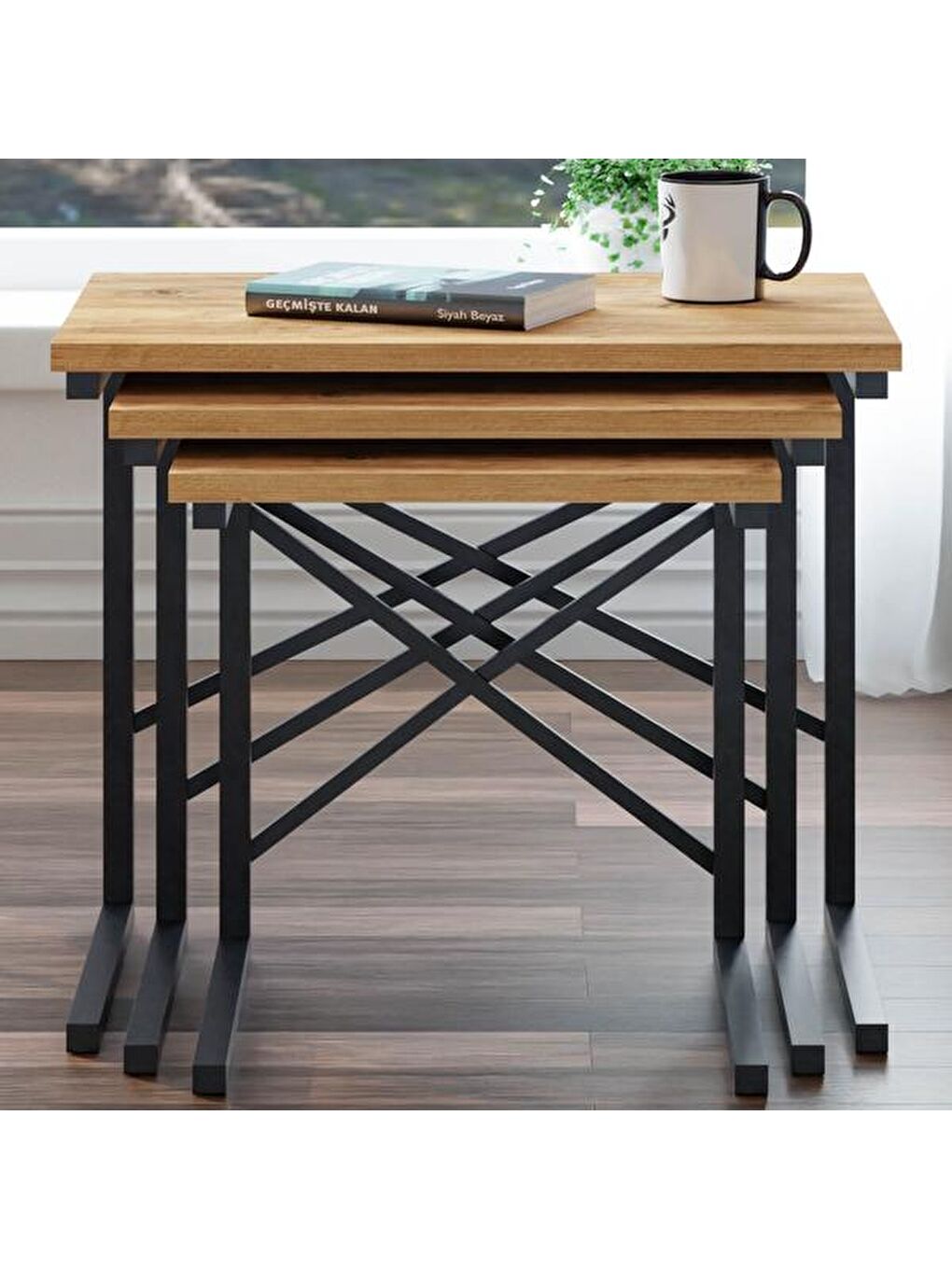 Kahverengi Metal Ayaklı X Eco Zigon Sehpa - Atlantik Çam-3