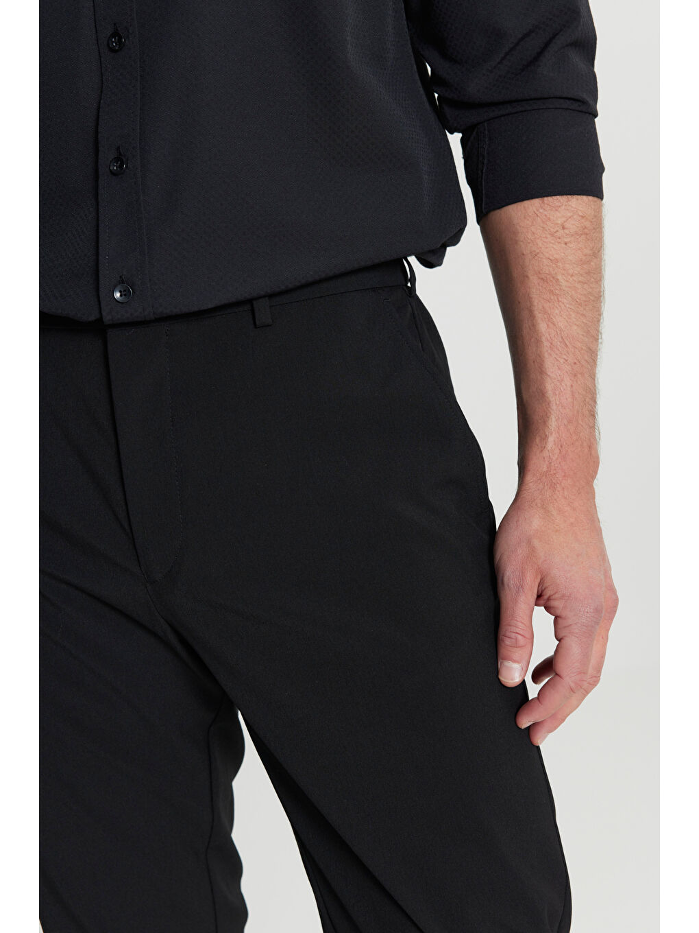Erkek Siyah Slim Fit Dar Kesim Beli Lastikli Yan Cep Esnek Casual Pantolon-3