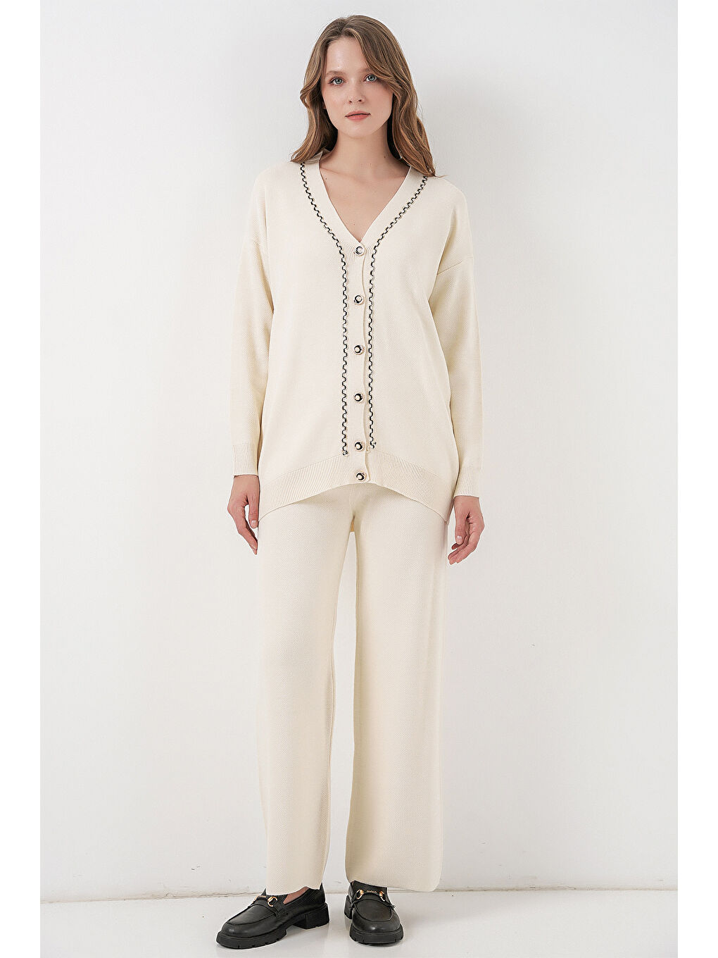 Kadın Hırka Pantolon Triko İkili Takım 15956 - Ekru