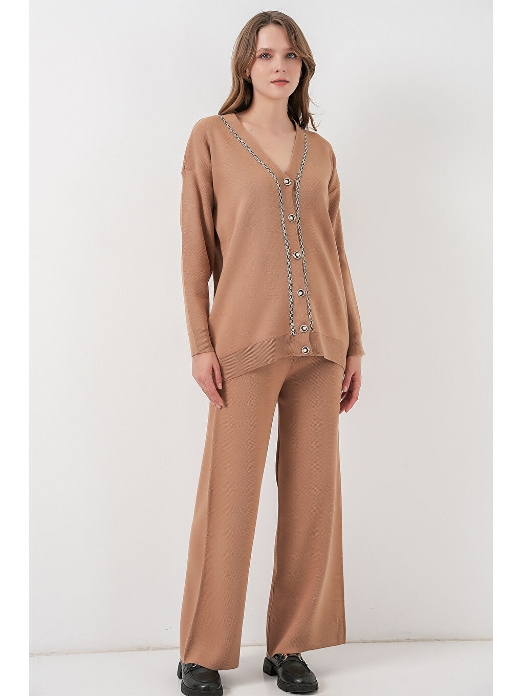 Sarı Kadın Hırka Pantolon Triko İkili Takım 15956 - Camel