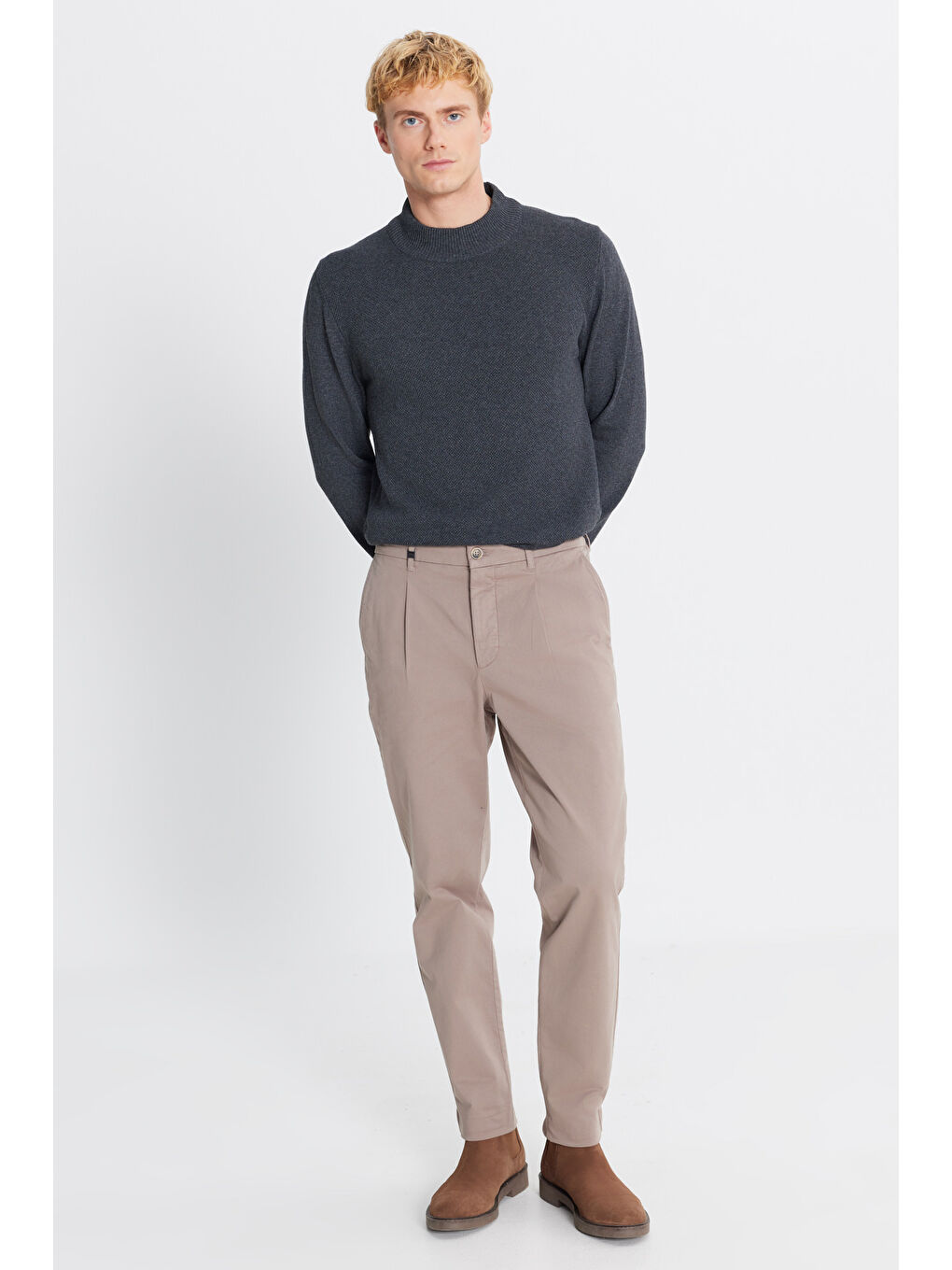 Erkek Bej Pamuklu Slim Fit Dar Kesim Yan Cepli Casual Esnek Pantolon-1