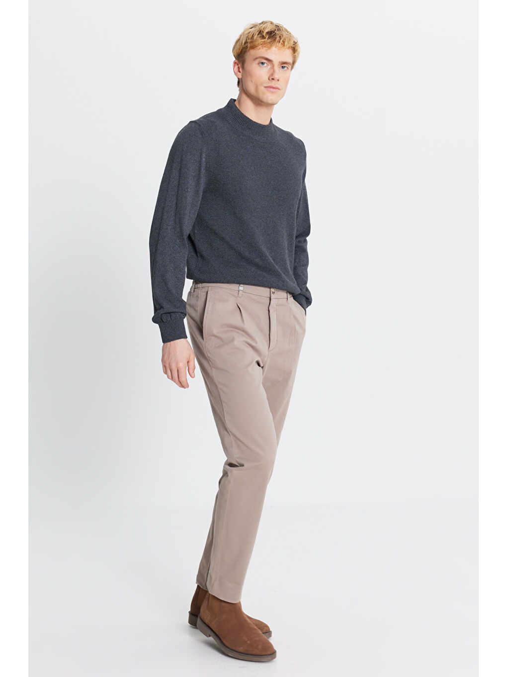 Erkek Bej Pamuklu Slim Fit Dar Kesim Yan Cepli Casual Esnek Pantolon-2