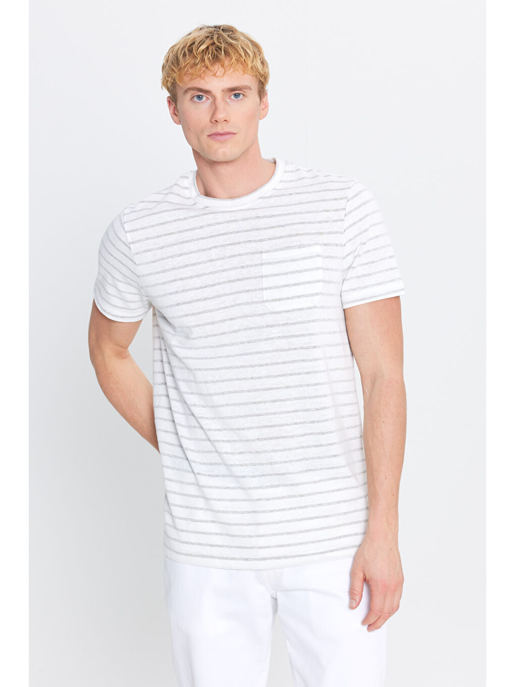 Erkek Ekru-Haki Pamuklu Slim Fit Dar Kesim Çizgili Cepli Bisiklet Yaka Tişört