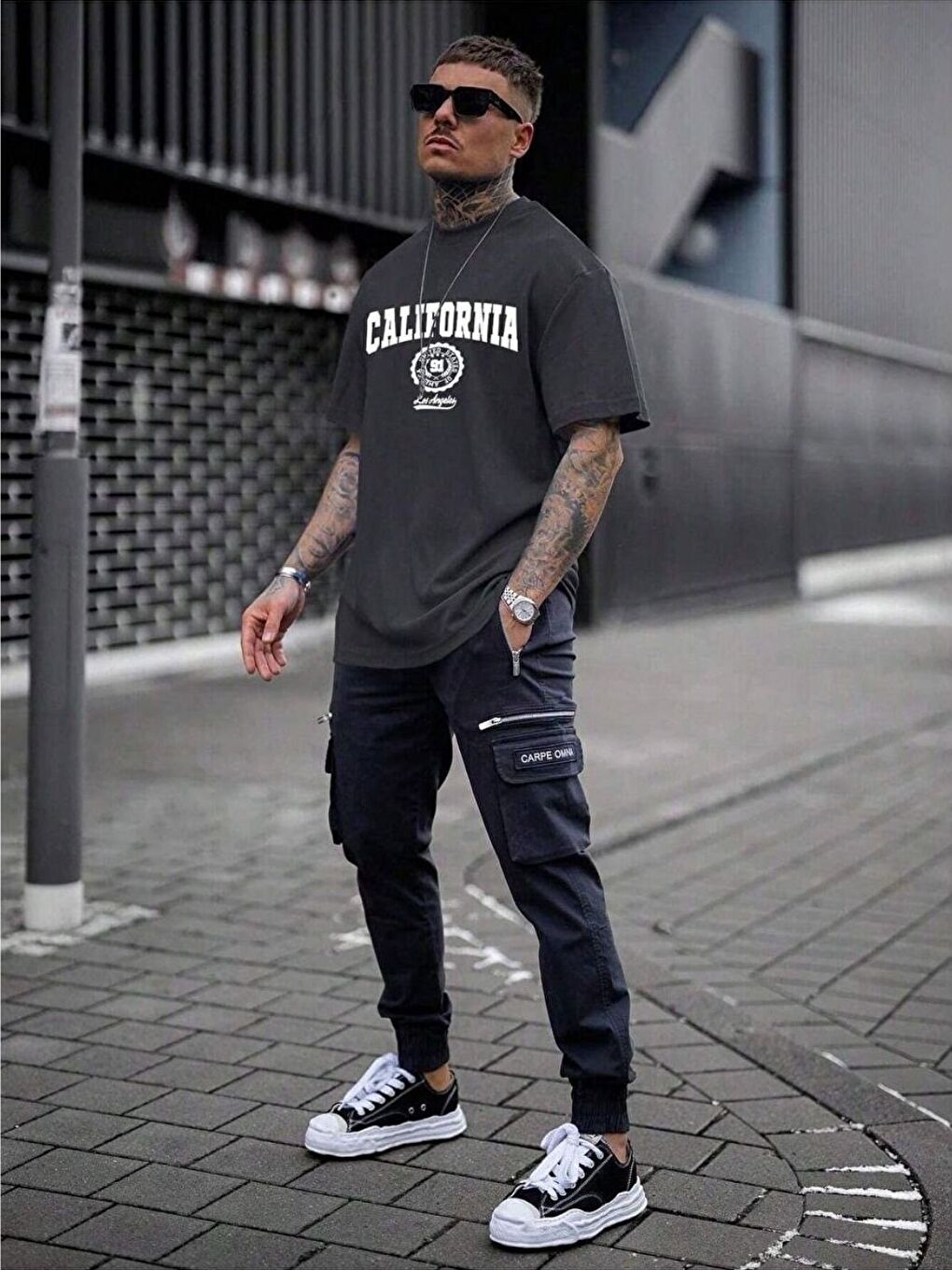 Gri Baskılı Oversize Erkek Kısa Kollu Tişört-2