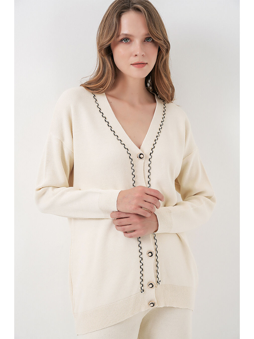 Kadın Hırka Pantolon Triko İkili Takım 15956 - Ekru-2