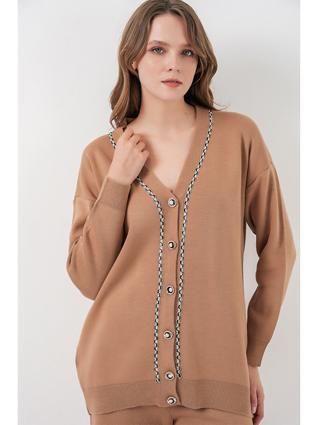 Sarı Kadın Hırka Pantolon Triko İkili Takım 15956 - Camel-2