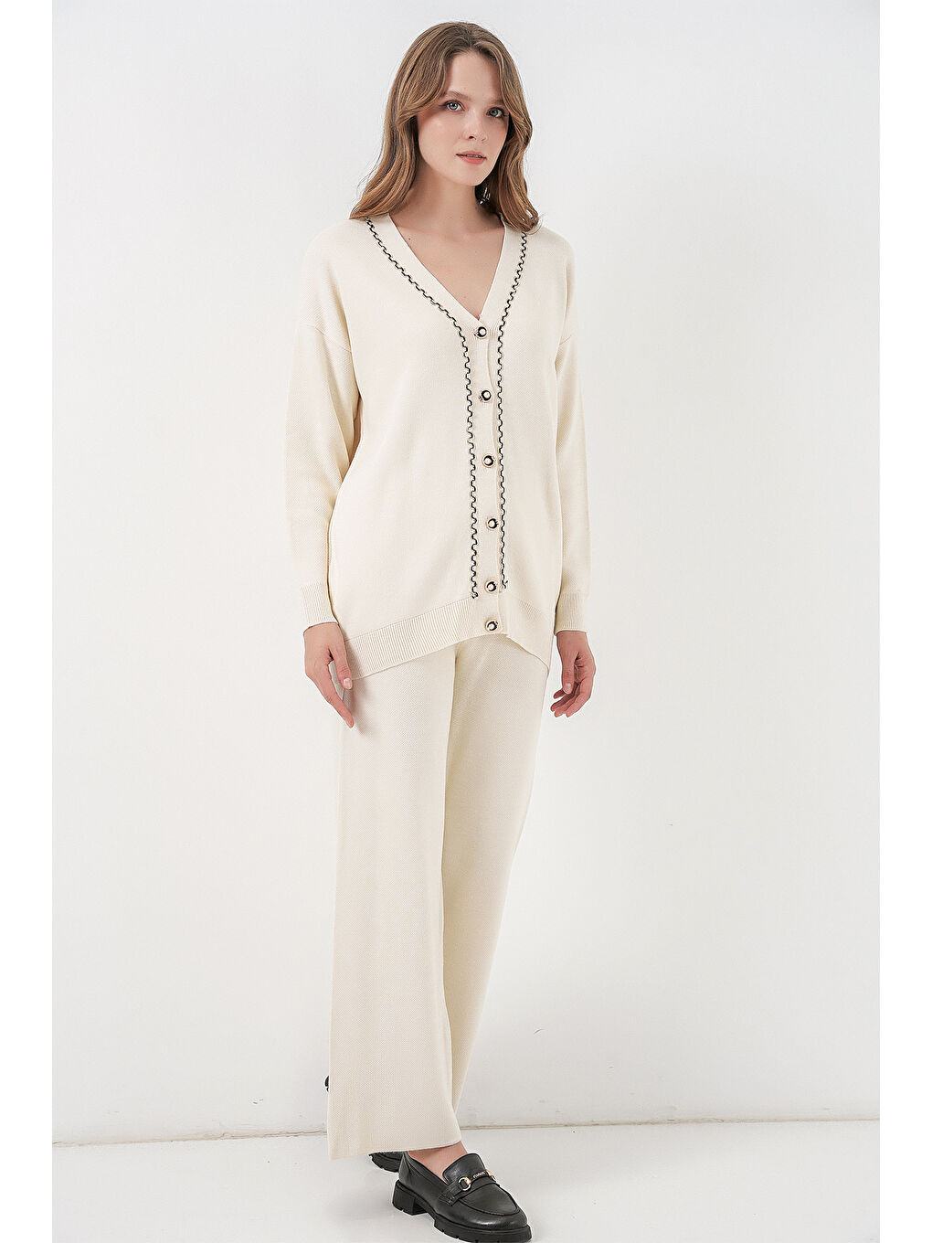 Kadın Hırka Pantolon Triko İkili Takım 15956 - Ekru-3