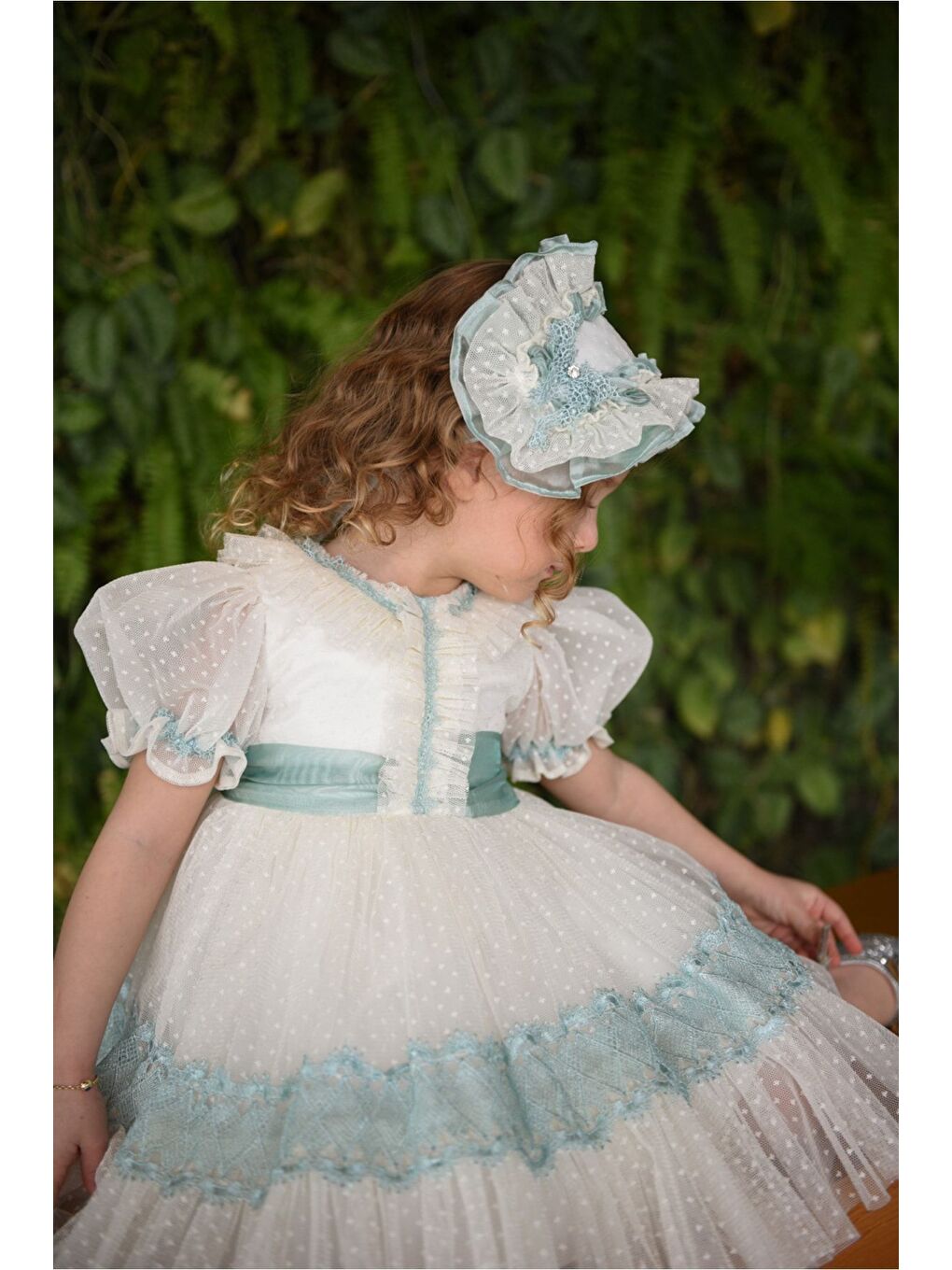 Yeşil Özel Tasarım Kız Çocuk Vintage Elbise, Kısa Kız Çocuk Elbisesi, Saç Aksesuarlı Çocuk Abiye_M2316