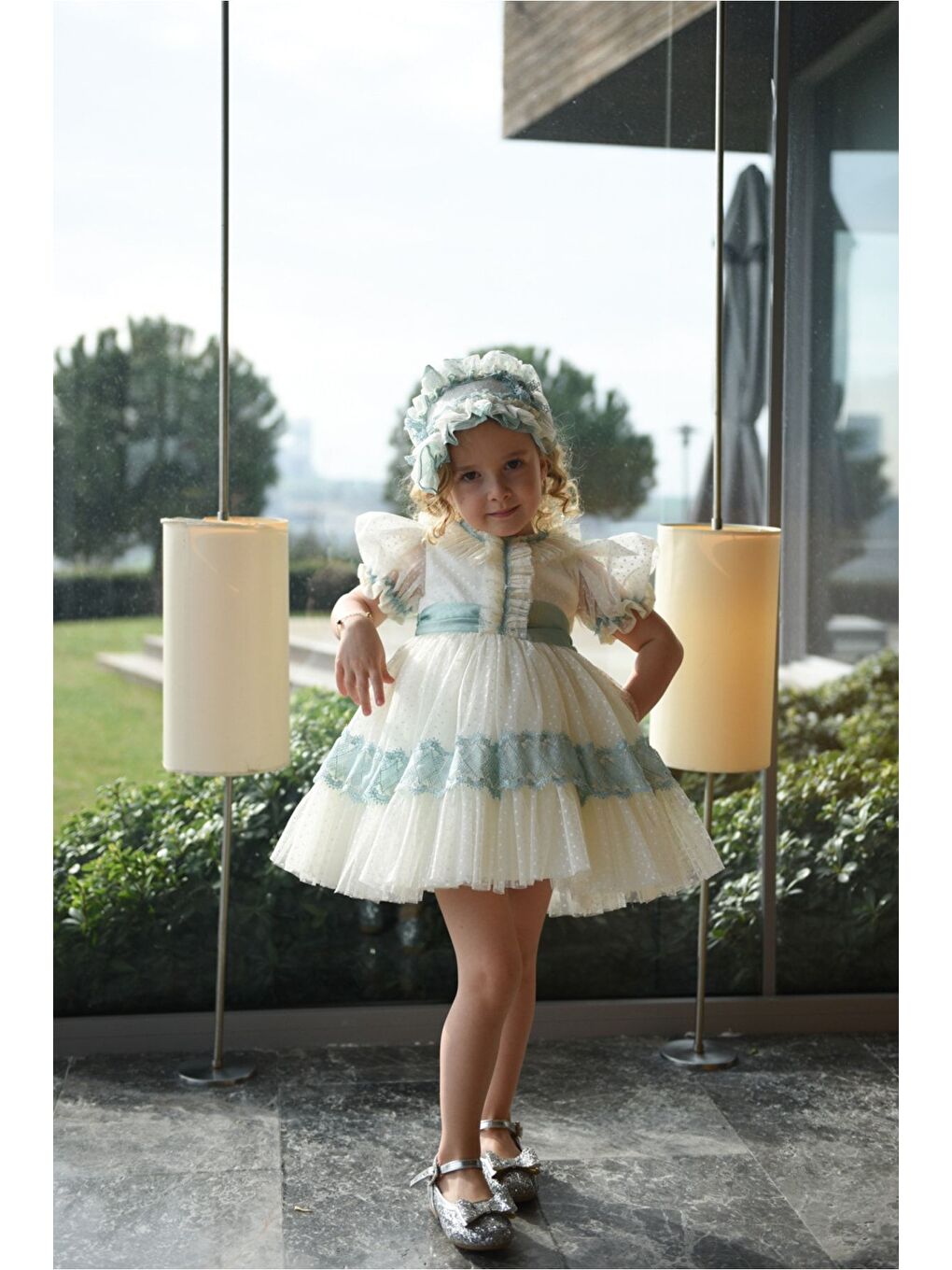 Yeşil Özel Tasarım Kız Çocuk Vintage Elbise, Kısa Kız Çocuk Elbisesi, Saç Aksesuarlı Çocuk Abiye_M2316-2