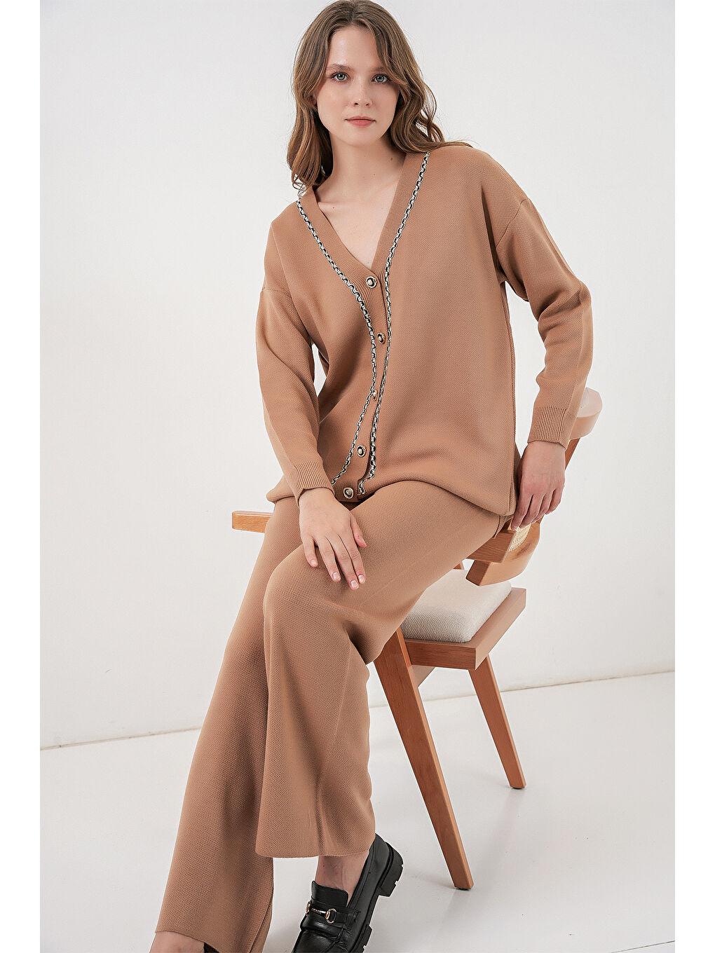 Sarı Kadın Hırka Pantolon Triko İkili Takım 15956 - Camel-3