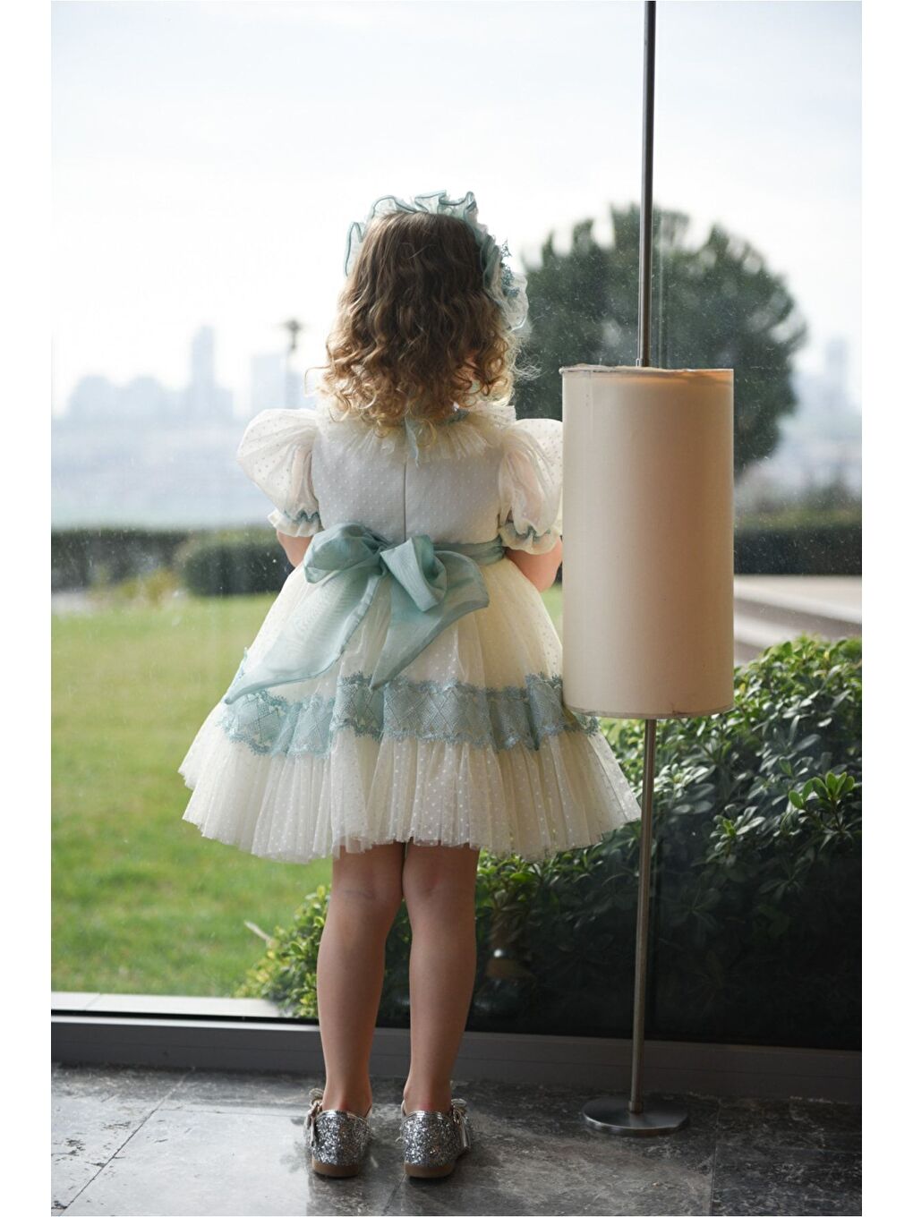 Yeşil Özel Tasarım Kız Çocuk Vintage Elbise, Kısa Kız Çocuk Elbisesi, Saç Aksesuarlı Çocuk Abiye_M2316-4