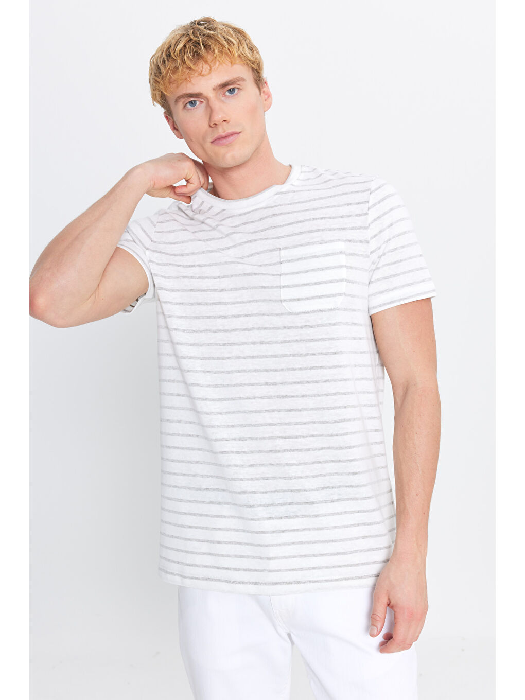 Erkek Ekru-Haki Pamuklu Slim Fit Dar Kesim Çizgili Cepli Bisiklet Yaka Tişört-2