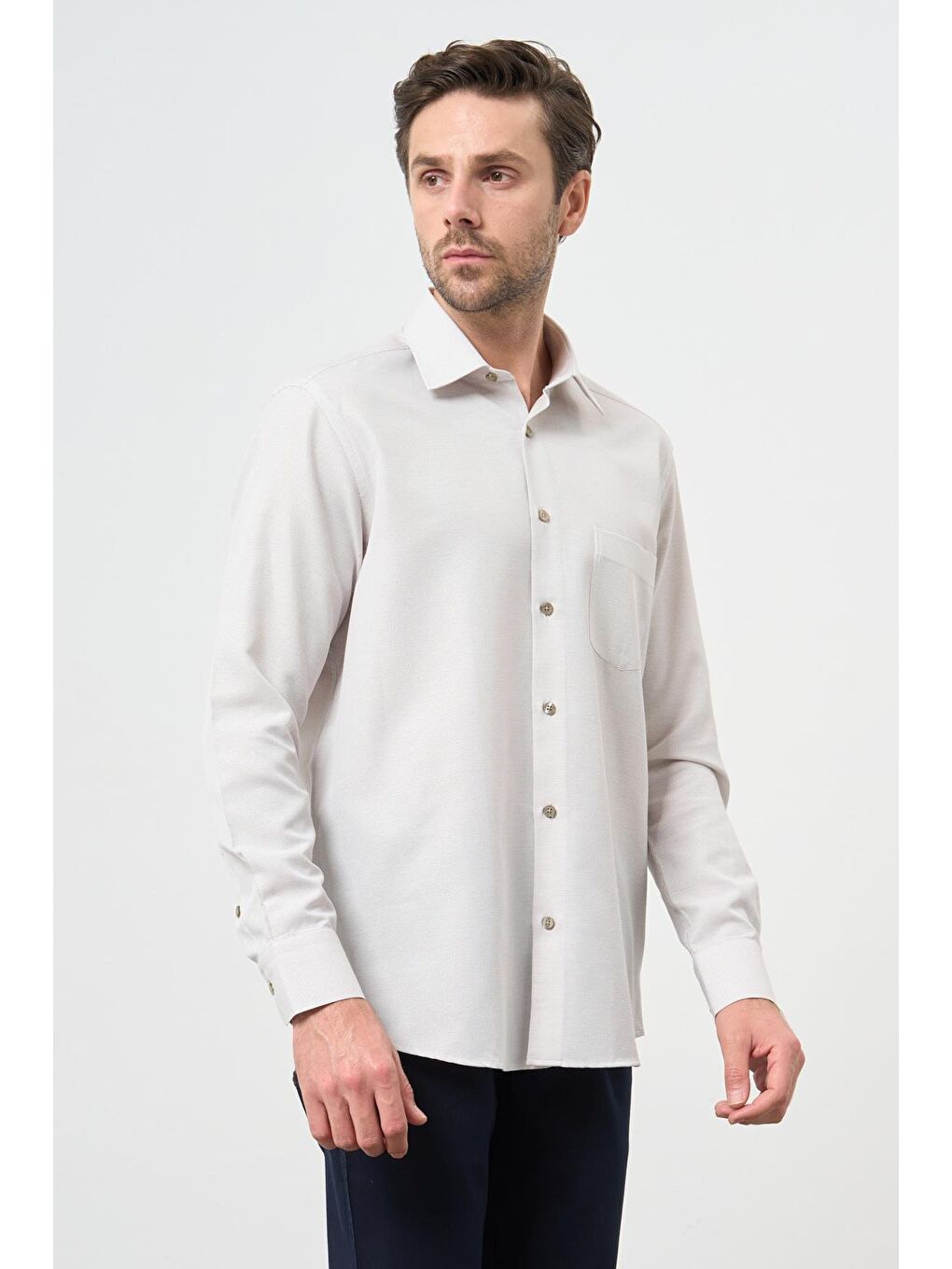 Bej Uzun Kol Kendinden Cepli Pamuklu Classic Comfort Fit Gömlek 1004245213-2