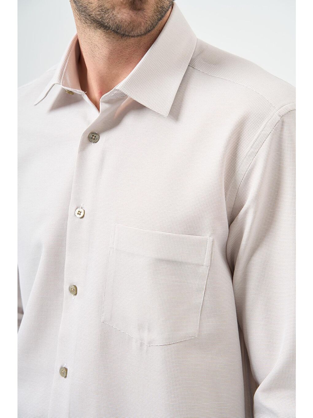 Bej Uzun Kol Kendinden Cepli Pamuklu Classic Comfort Fit Gömlek 1004245213-3