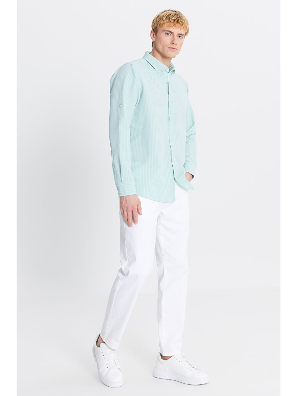 Mavi Erkek Mint Tailored Slim Fit Dar Kesim Düğmeli Yaka Gofre Desenli Gömlek-1