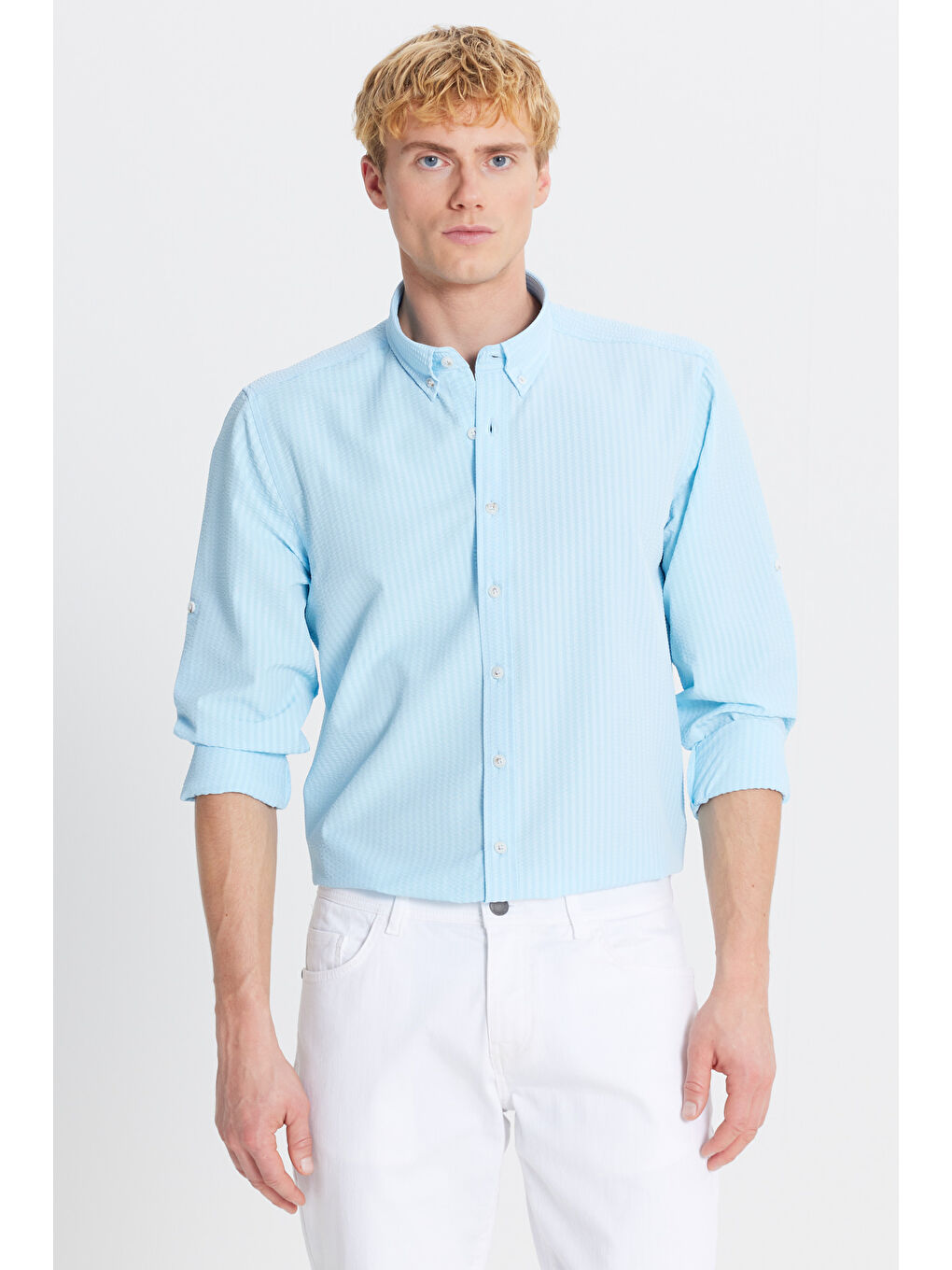 Erkek Turkuaz Tailored Slim Fit Dar Kesim Düğmeli Yaka Gofre Desenli Gömlek