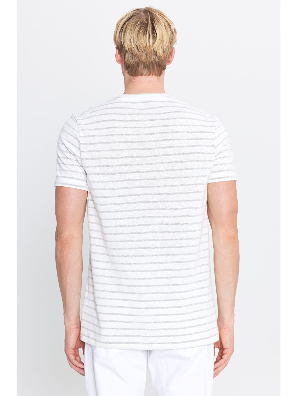 Erkek Ekru-Haki Pamuklu Slim Fit Dar Kesim Çizgili Cepli Bisiklet Yaka Tişört-4