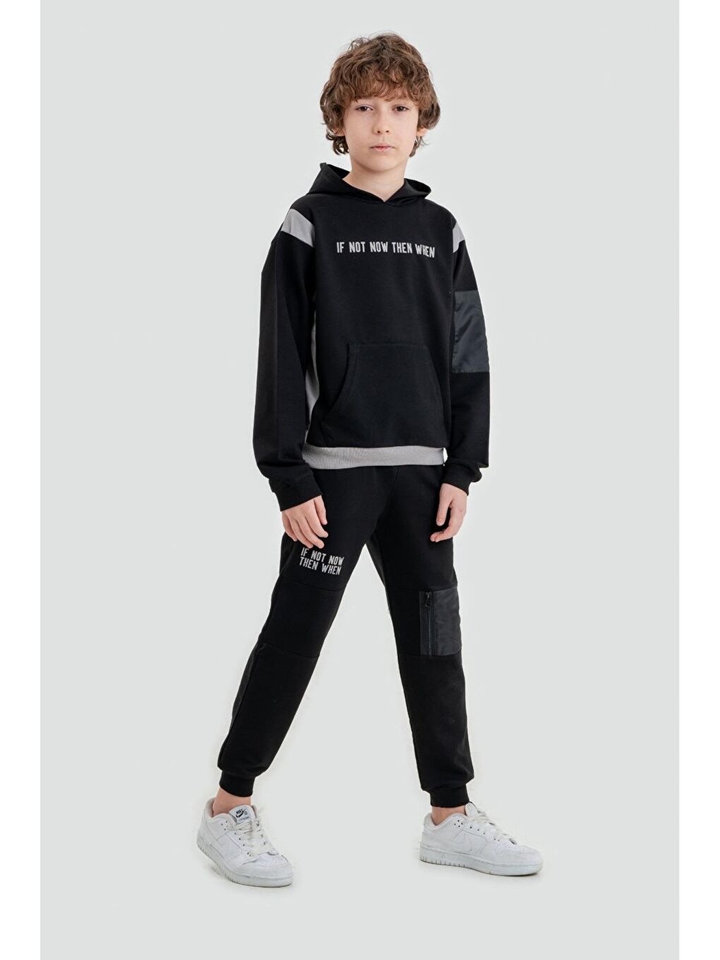 Mışıl Kids Siyah If Not Now Then When Baskılı Kapüşonlu Alt Üst Erkek Çocuk Sweatshirt Eşofman Takımı