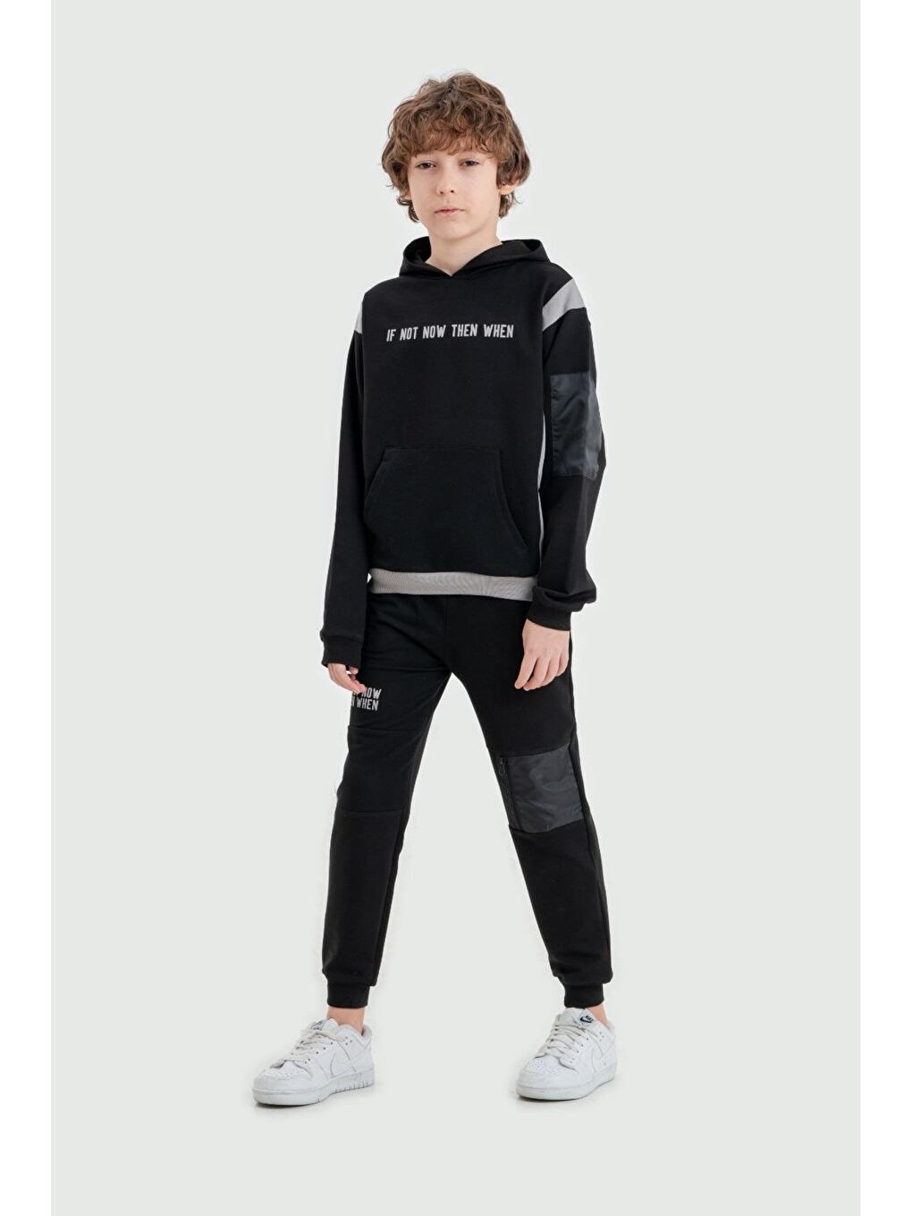 Mışıl Kids Siyah If Not Now Then When Baskılı Kapüşonlu Alt Üst Erkek Çocuk Sweatshirt Eşofman Takımı - 1