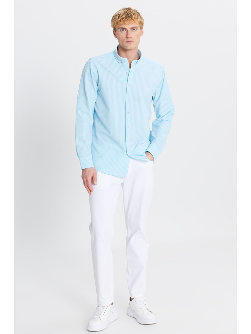 Erkek Turkuaz Tailored Slim Fit Dar Kesim Düğmeli Yaka Gofre Desenli Gömlek-1