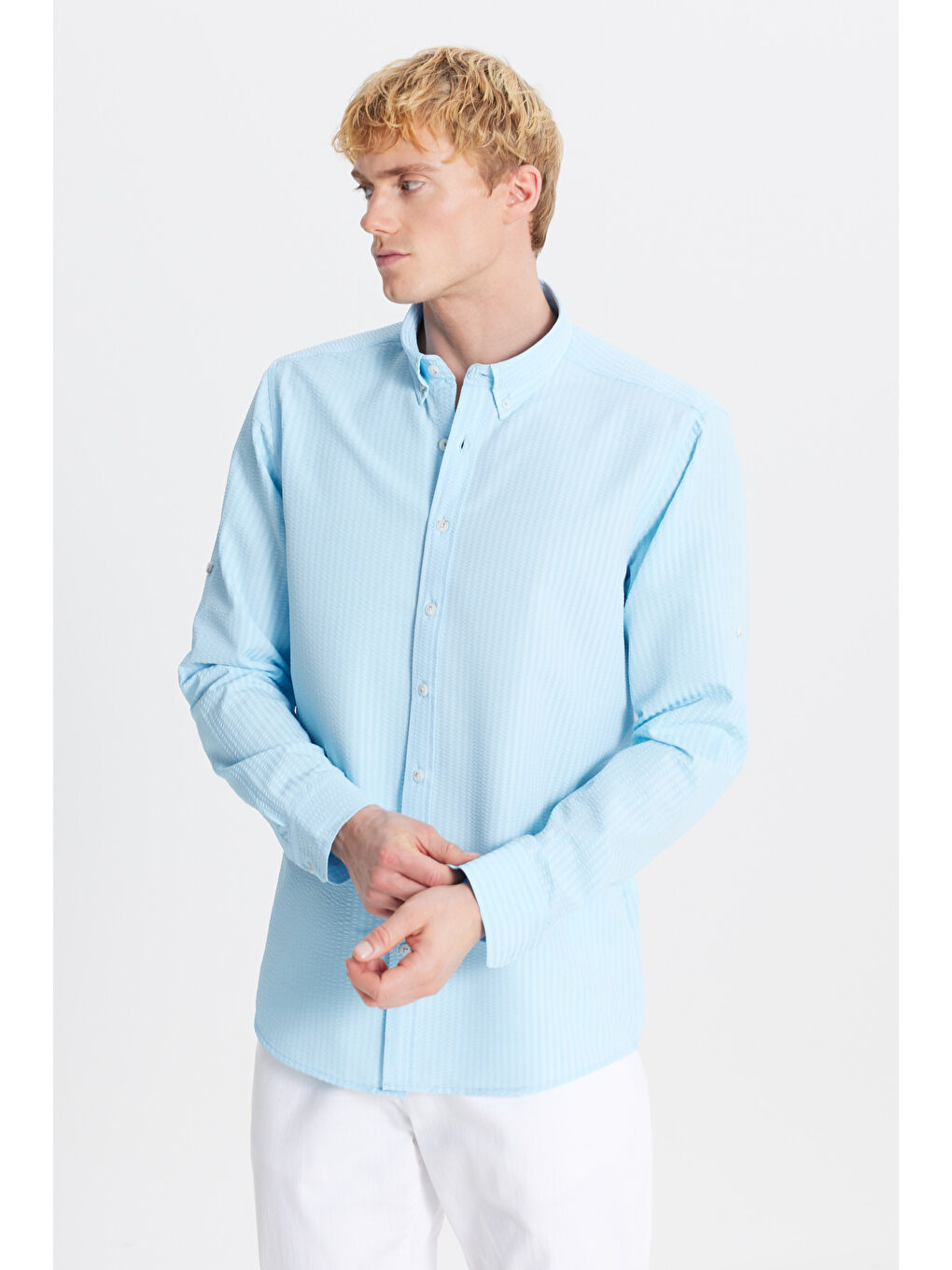 Erkek Turkuaz Tailored Slim Fit Dar Kesim Düğmeli Yaka Gofre Desenli Gömlek-2