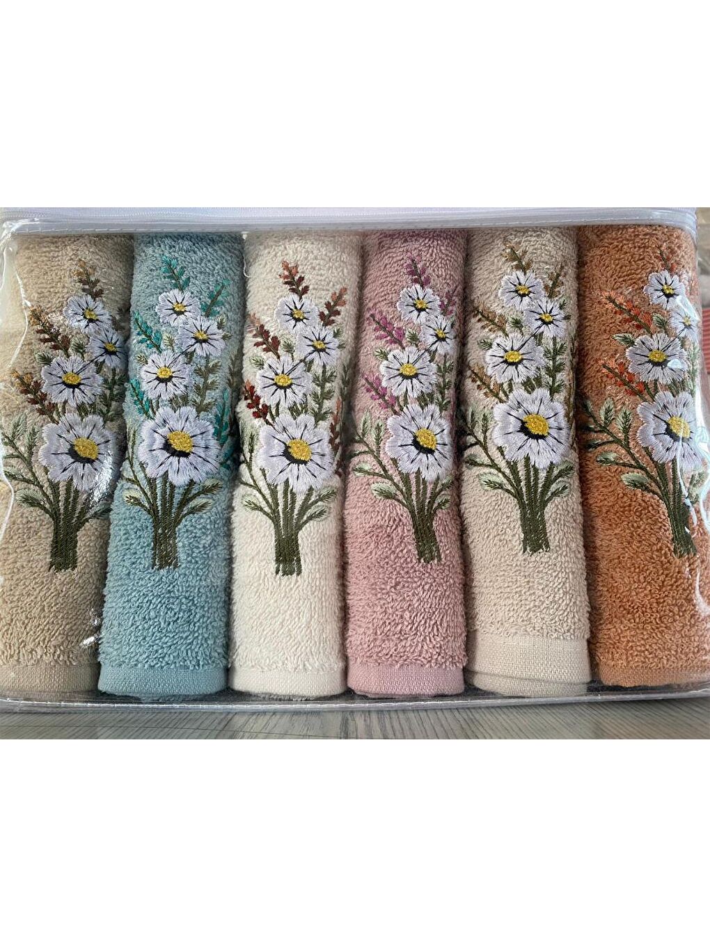 Karışık Daisy Flosh Nakışlı 6 lı El Yüz Havlu Takımı