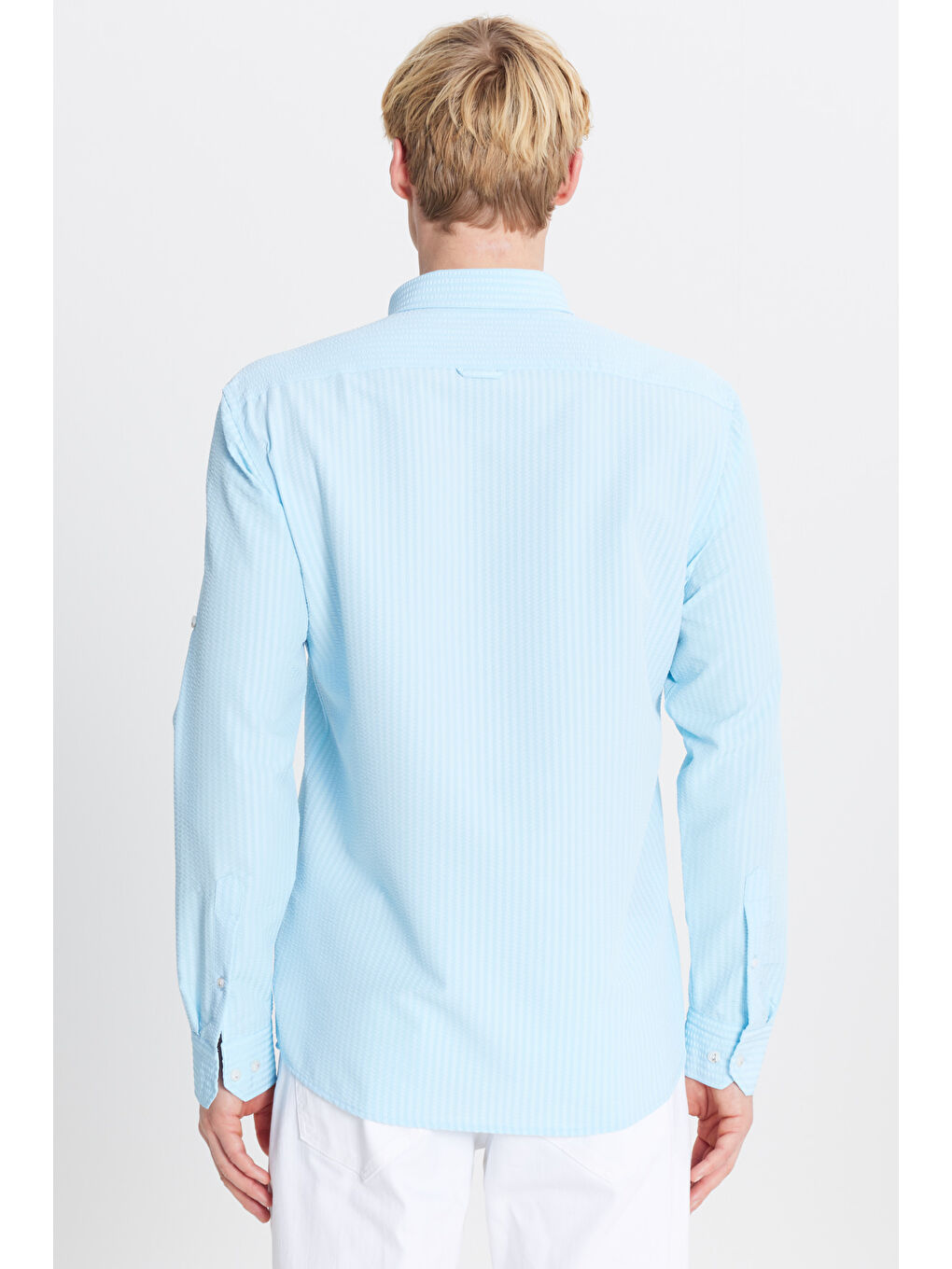 Erkek Turkuaz Tailored Slim Fit Dar Kesim Düğmeli Yaka Gofre Desenli Gömlek-4