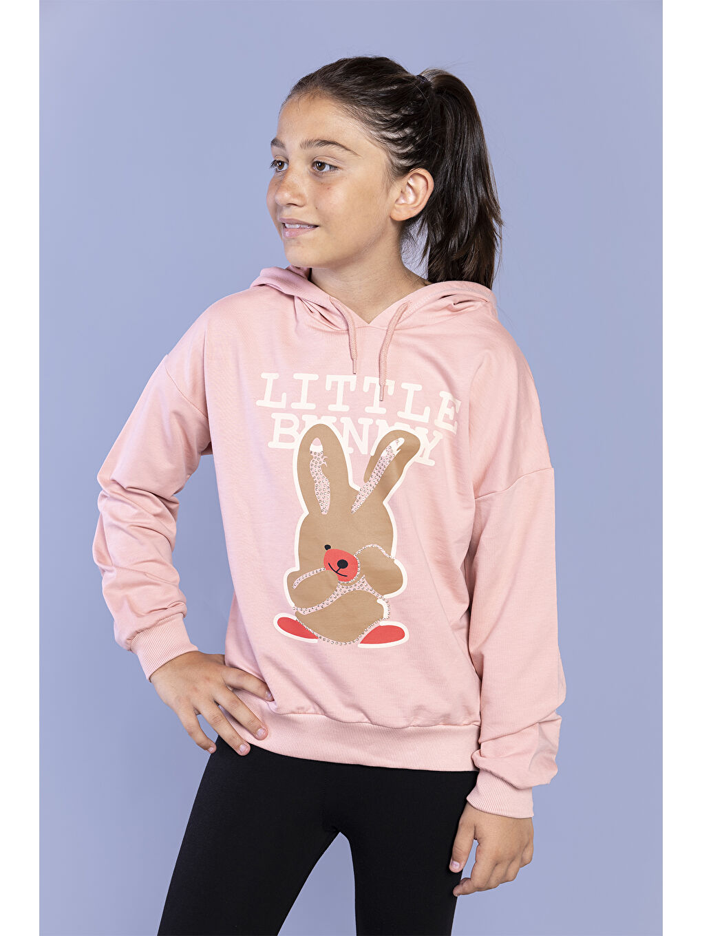 Toontoykids Pembe Kız Çocuk Tavşan Baskılı Kapüşonlu Sweatshirt