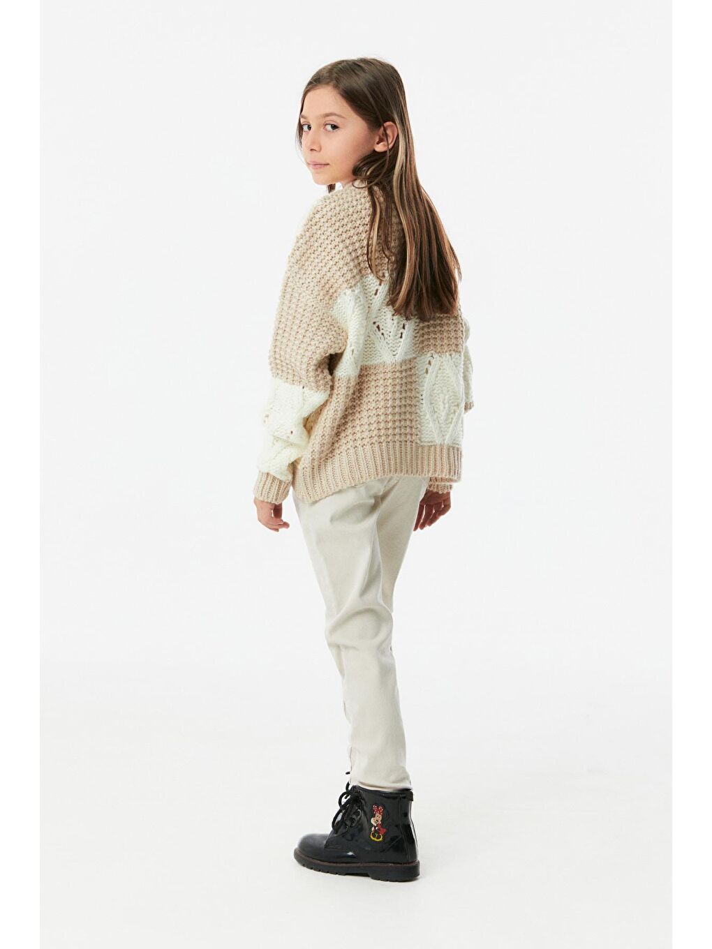Bej Örgülü Dik Yaka Kız Çocuk Triko Kazak-2