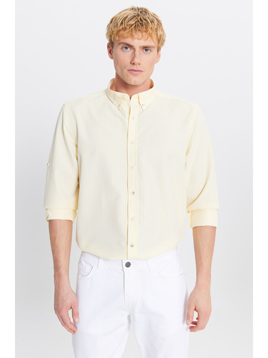 Erkek Sarı Tailored Slim Fit Dar Kesim Düğmeli Yaka Gofre Desenli Gömlek