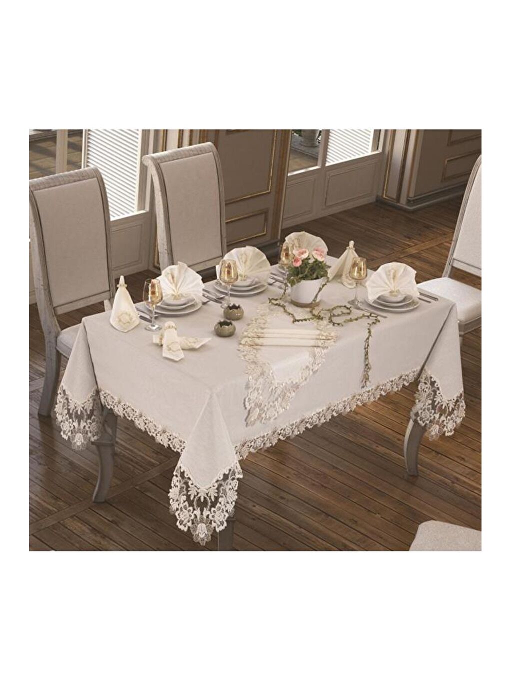 Ekru Beste Masa Örtüsü 160x260 Cm 26 Parça Krem-2