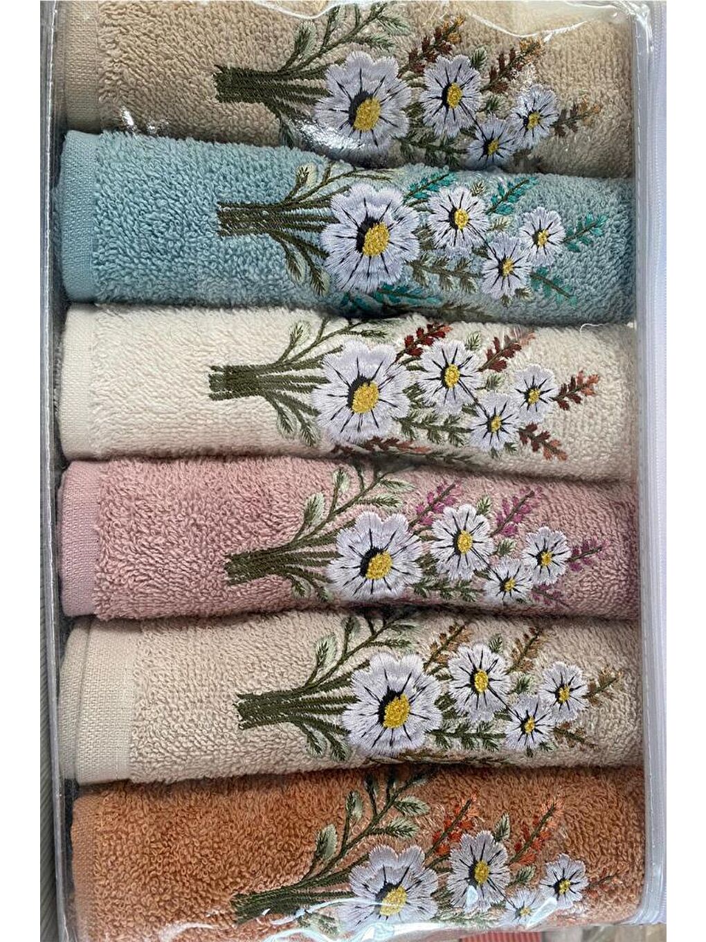 Karışık Daisy Flosh Nakışlı 6 lı El Yüz Havlu Takımı-5