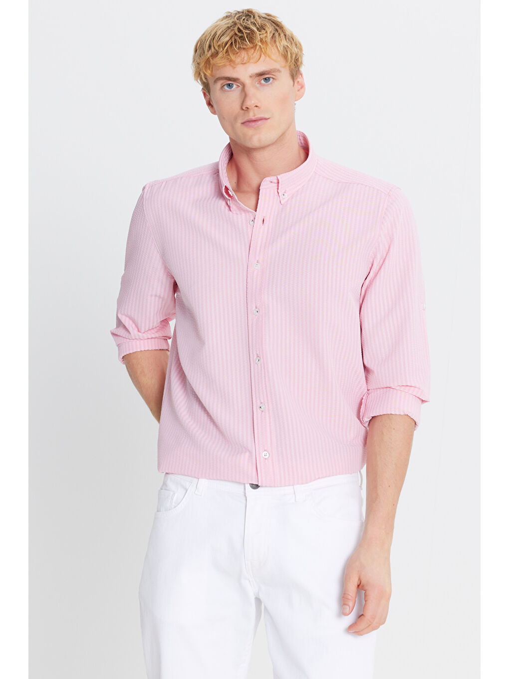 Erkek Pembe Tailored Slim Fit Dar Kesim Düğmeli Yaka Gofre Desenli Gömlek
