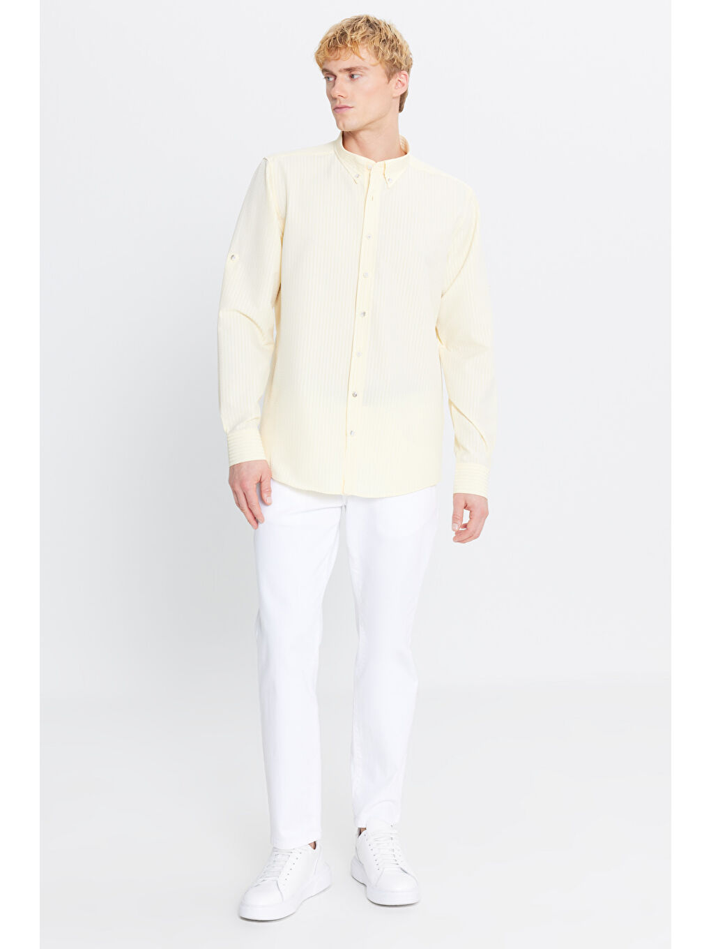 Erkek Sarı Tailored Slim Fit Dar Kesim Düğmeli Yaka Gofre Desenli Gömlek-1