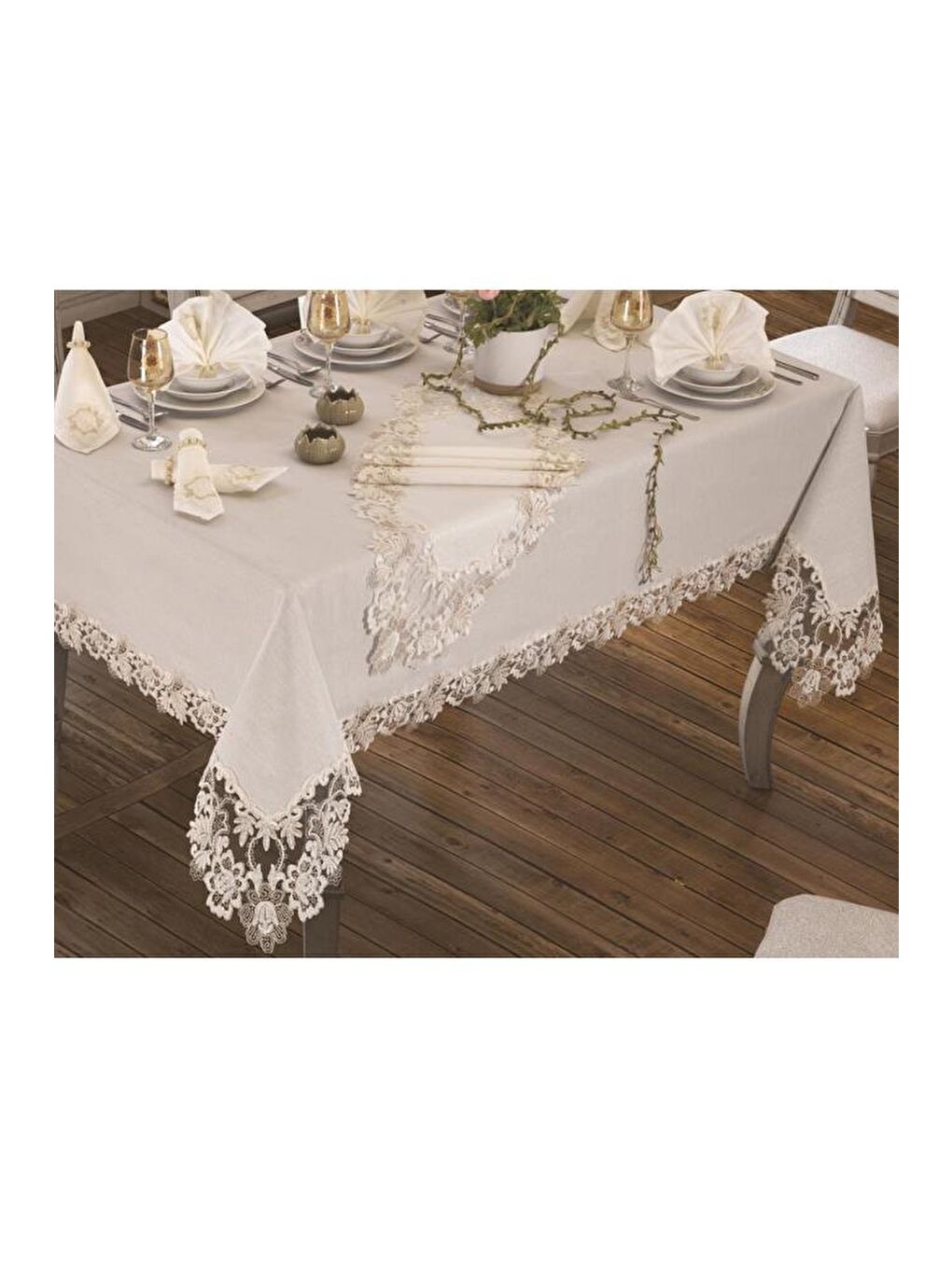 Ekru Beste Masa Örtüsü 160x260 Cm 26 Parça Krem-3