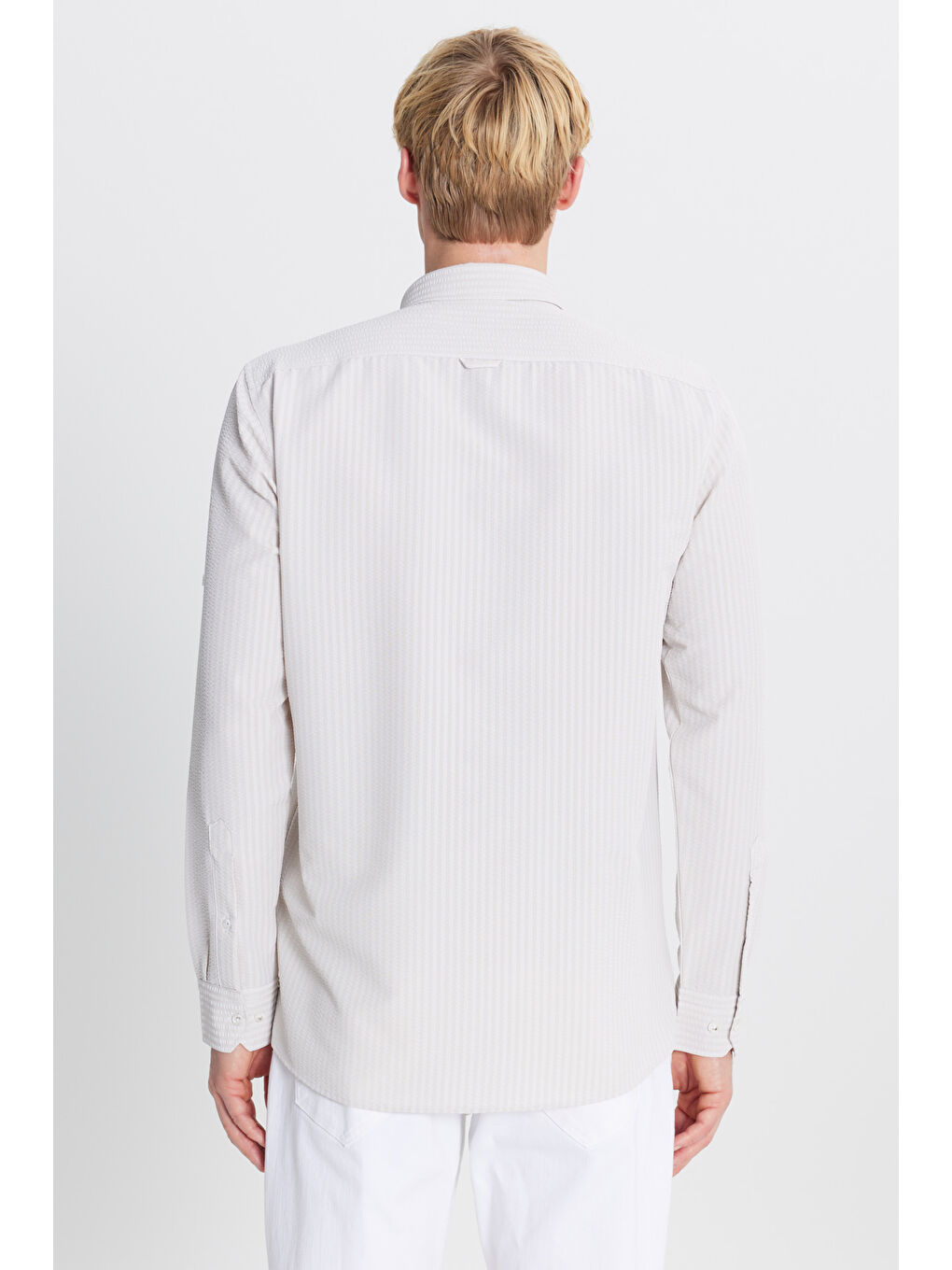 Erkek Bej Tailored Slim Fit Dar Kesim Düğmeli Yaka Gofre Desenli Gömlek-4