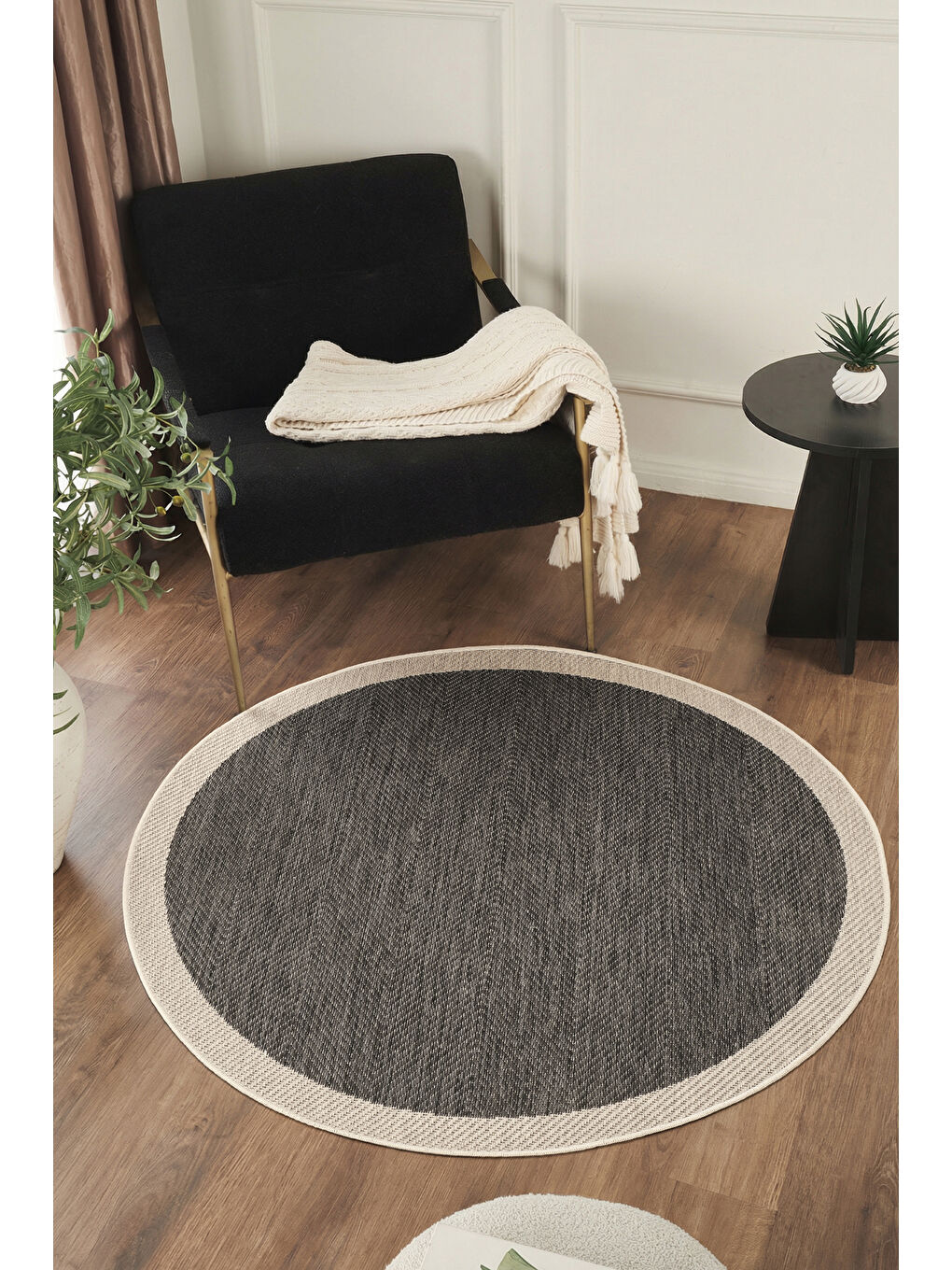 Sisalux 3089 Antrasit Sisal Yuvarlak Sisal Dokuma Jüt Kilim Hav Toz Vermez Mutfak Oda Halısı-160x160